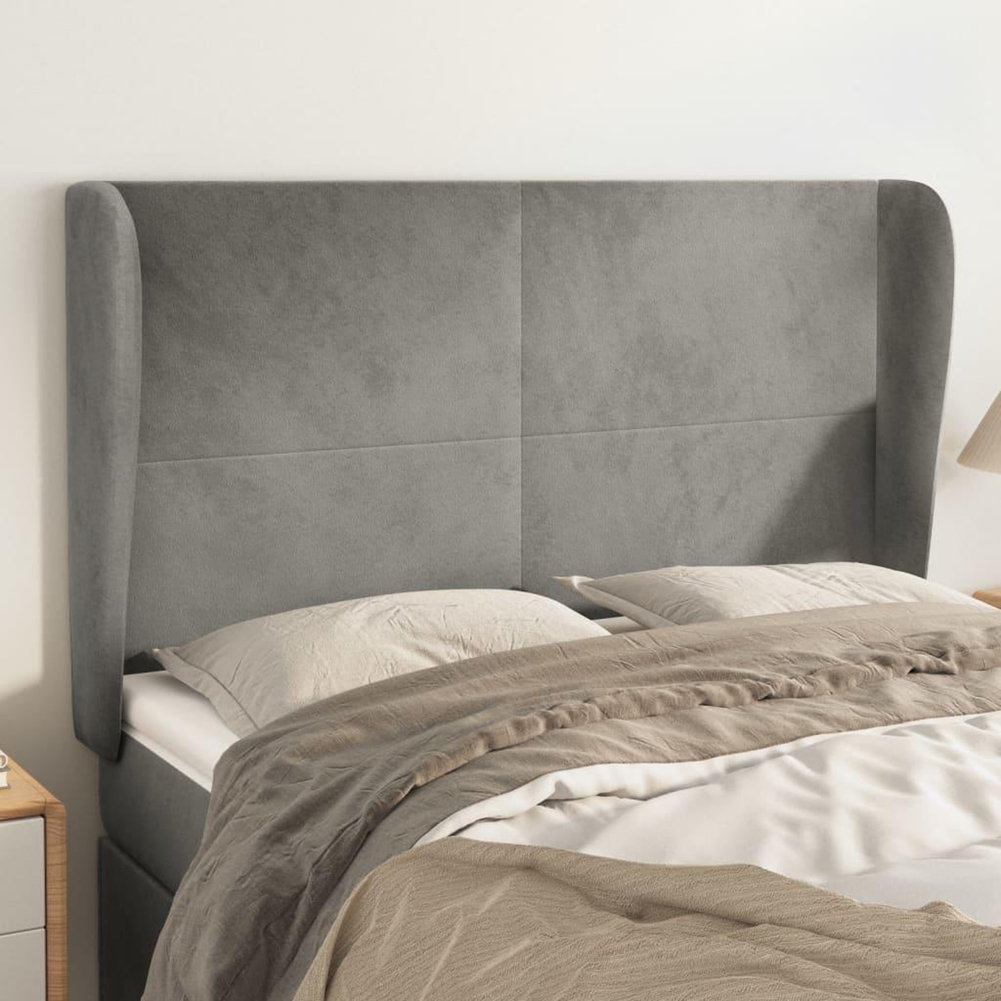 Voir la diapositive 1 : VIDAXL Tete de lit avec oreilles Gris clair 147x23x118/128 cm Velours
