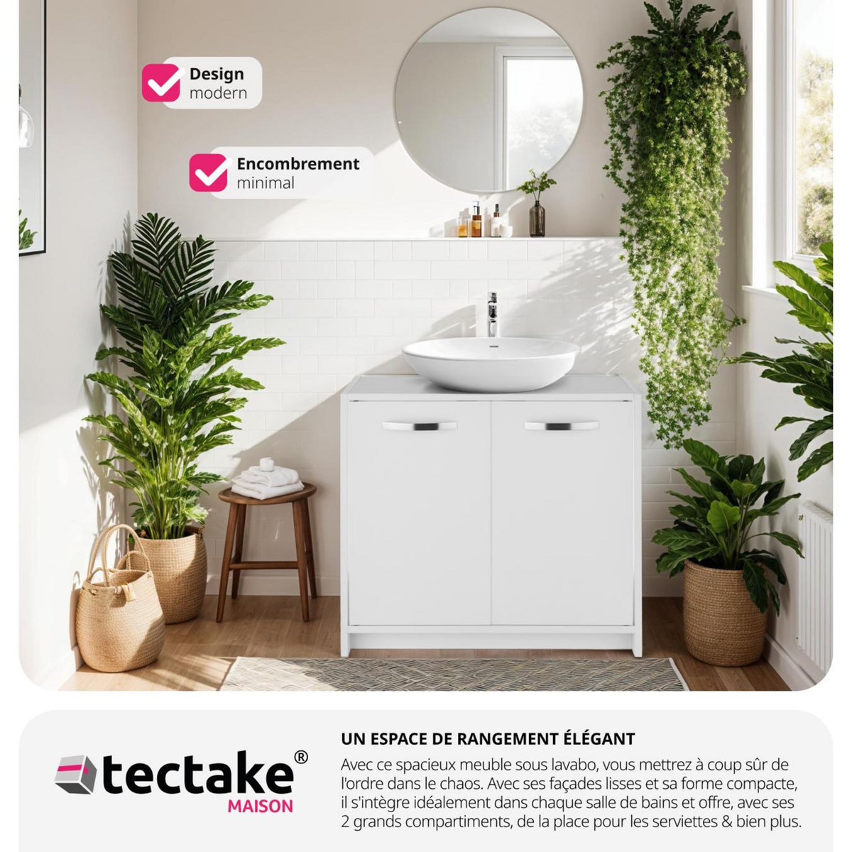 tectake Meuble sous-lavabo grand espace de rangement blanc