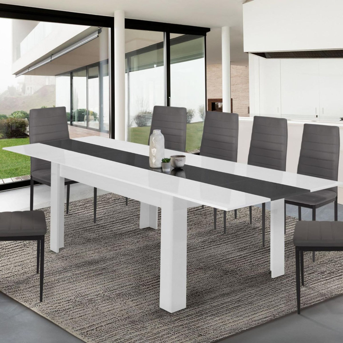 ID MARKET Table à manger extensible rectangle GEORGIA 6-10 personnes blanche et grise 140-220 x 90 cm