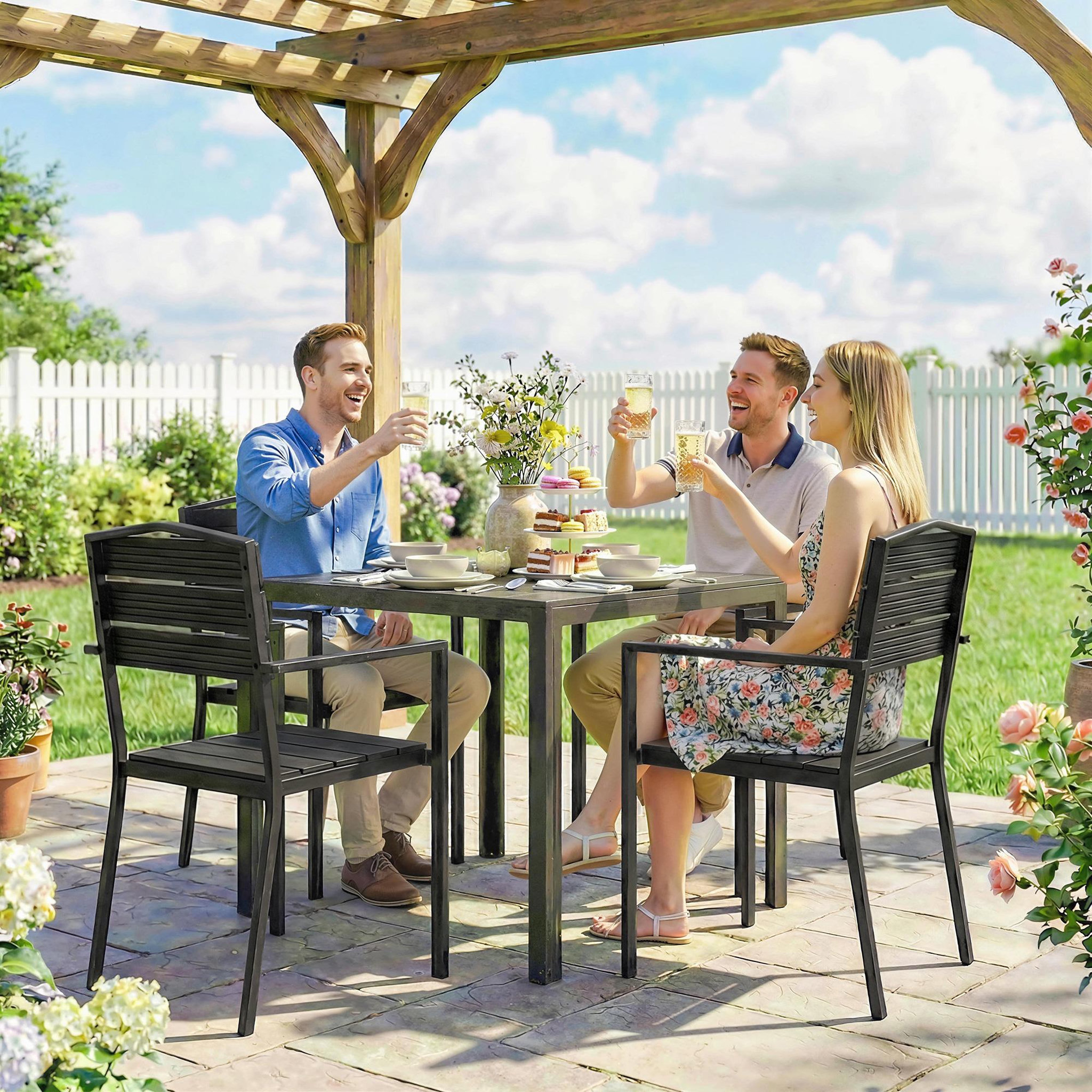 Voir la diapositive 4 : OUTSUNNY Lot de 4 chaises de jardin empilables avec accoudoirs métal époxy HDPE effet bois noir