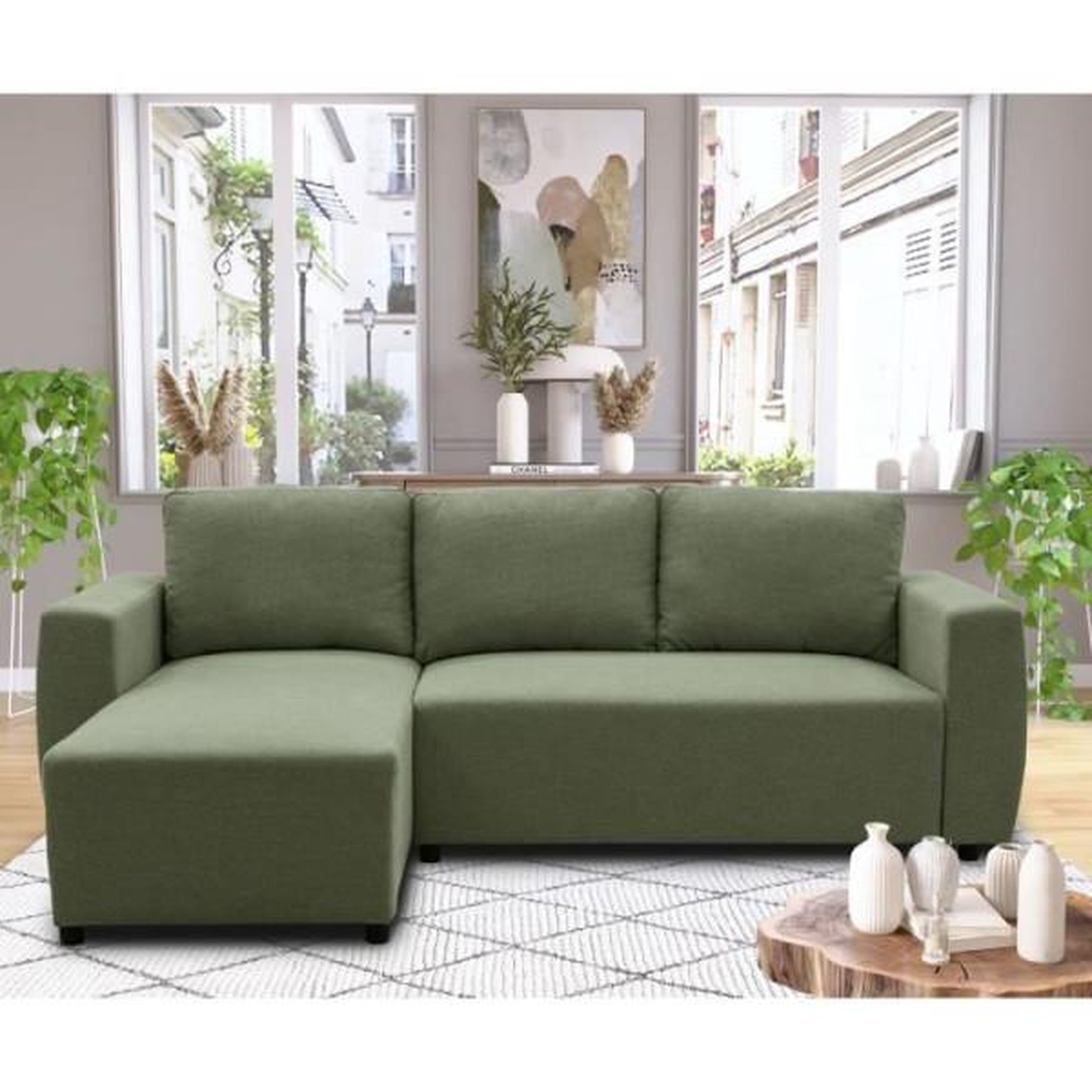 Voir la diapositive 2 : MARKET24 Canapé d'angle convertible réversible 3 a 4 places - PHARELL - Tissu olive - Coffre de rangement - L 224 x P 155 x H 85 cm