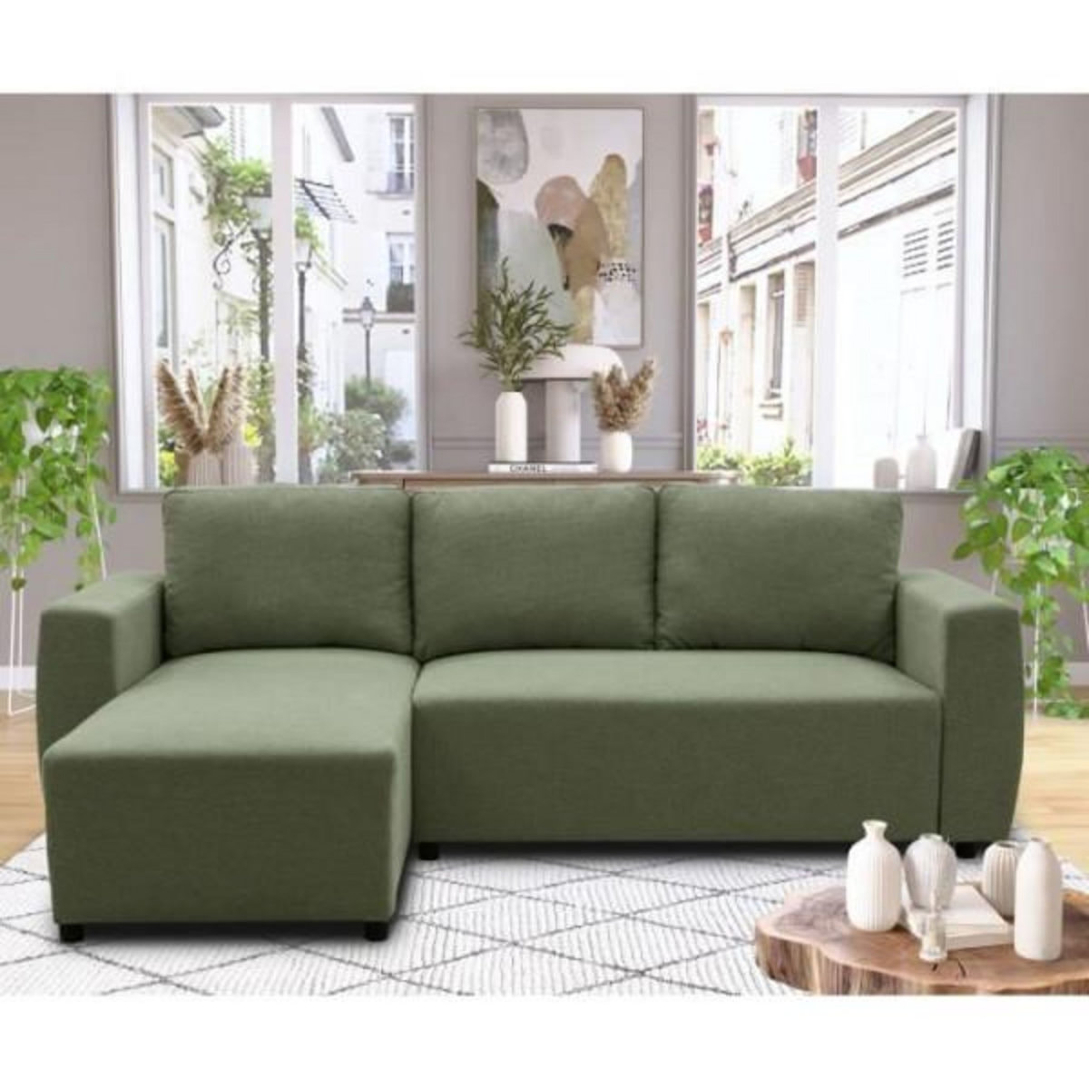 MARKET24 Canapé d'angle convertible réversible 3 a 4 places - PHARELL - Tissu olive - Coffre de rangement - L 224 x P 155 x H 85 cm