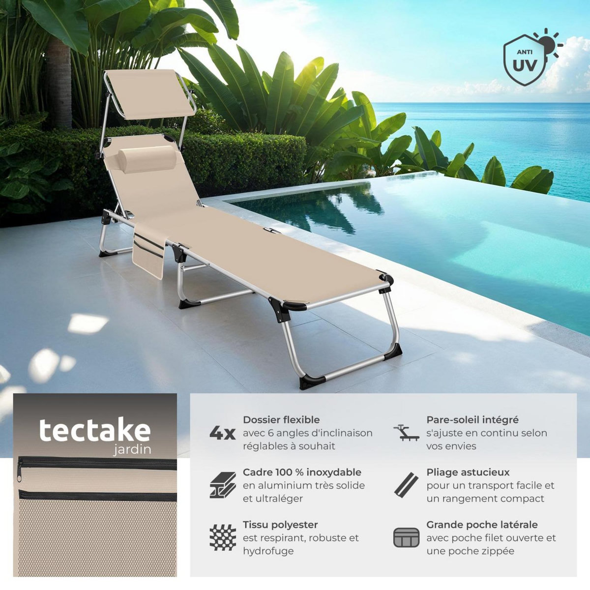 tectake Bain de soleil pliable avec oreiller beige