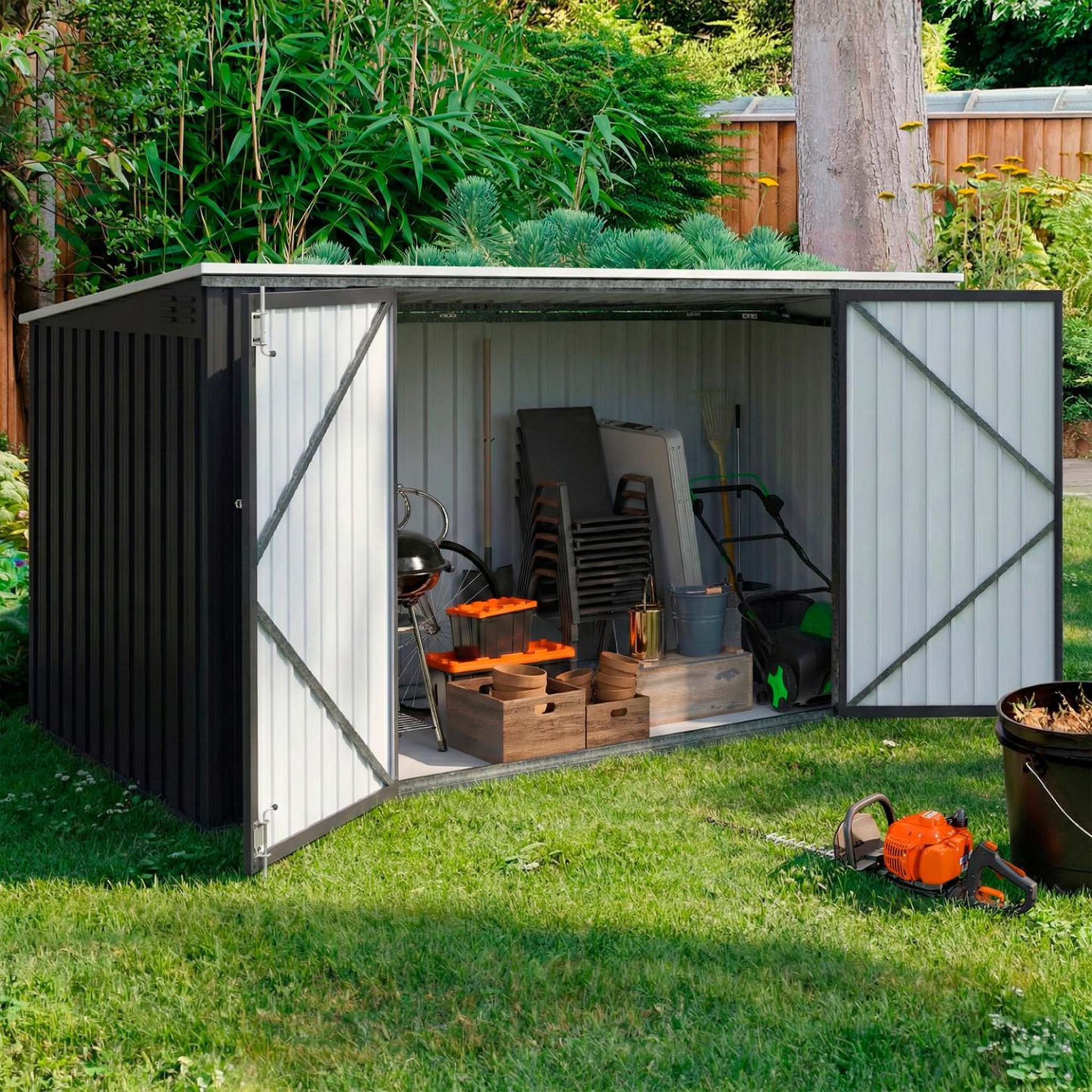 Voir la diapositive 2 : ID MARKET Abri de jardin xxl en métal gris anthracite verrouillable multi-rangement pour stockage vélos, outils, poubelles