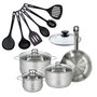 Voir la diapositive 1 : Fackelmann Set 1 poêle 24 cm en inox et 1 couvercle verre, 3 faitouts inox 16, 20 et 24 cm et 6 ustensiles RPET Fackelmann Eterna