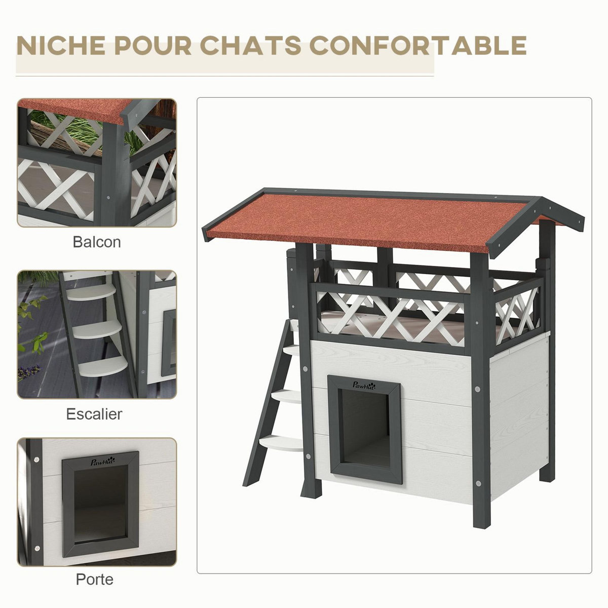 PAWHUT Maison lodge pour chat - niche villa avec terrasse, escalier, toit - bois sapin gris blanc toit bitumé rouge