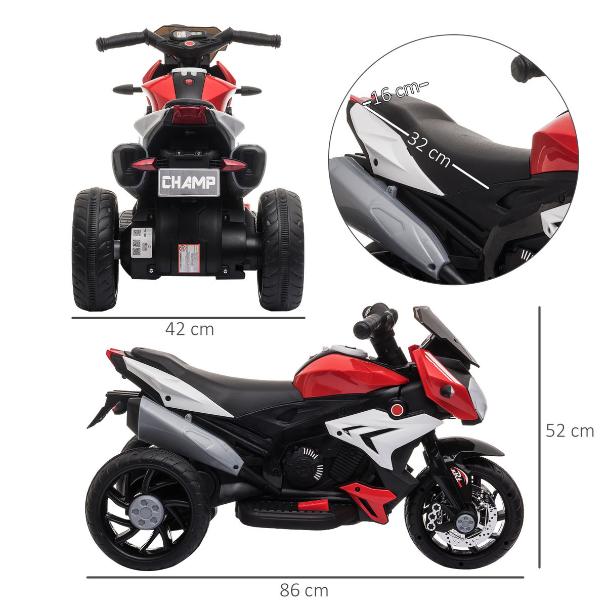 HOMCOM Moto électrique pour enfants 3 roues 6 V 3 Km/h effets lumineux et sonores rouge