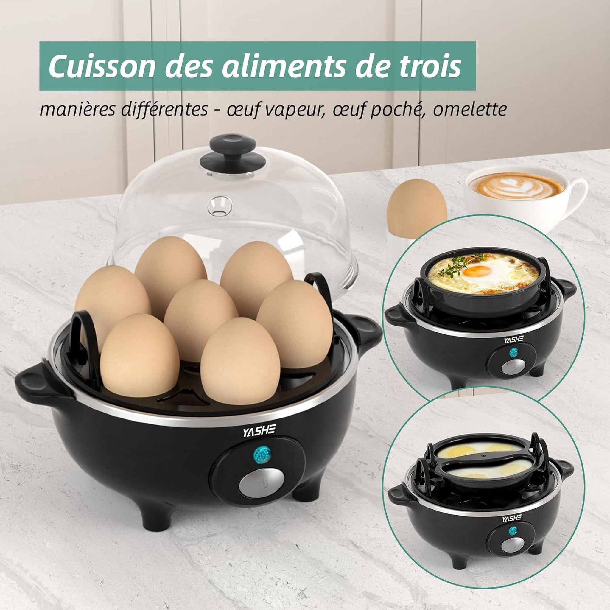 Voir la diapositive 5 : YASHE Cuiseur à œufs, 7 œufs, 360 W, plateau vapeur, noir