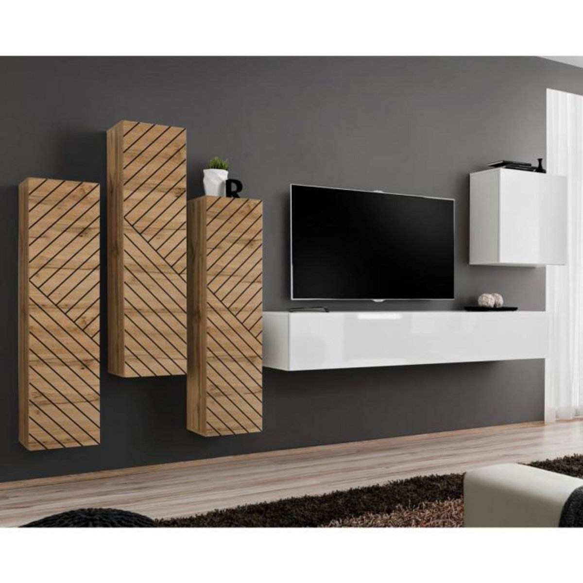 Paris Prix Ensemble Meuble TV  Switch Lamel III  330cm Blanc & Naturel