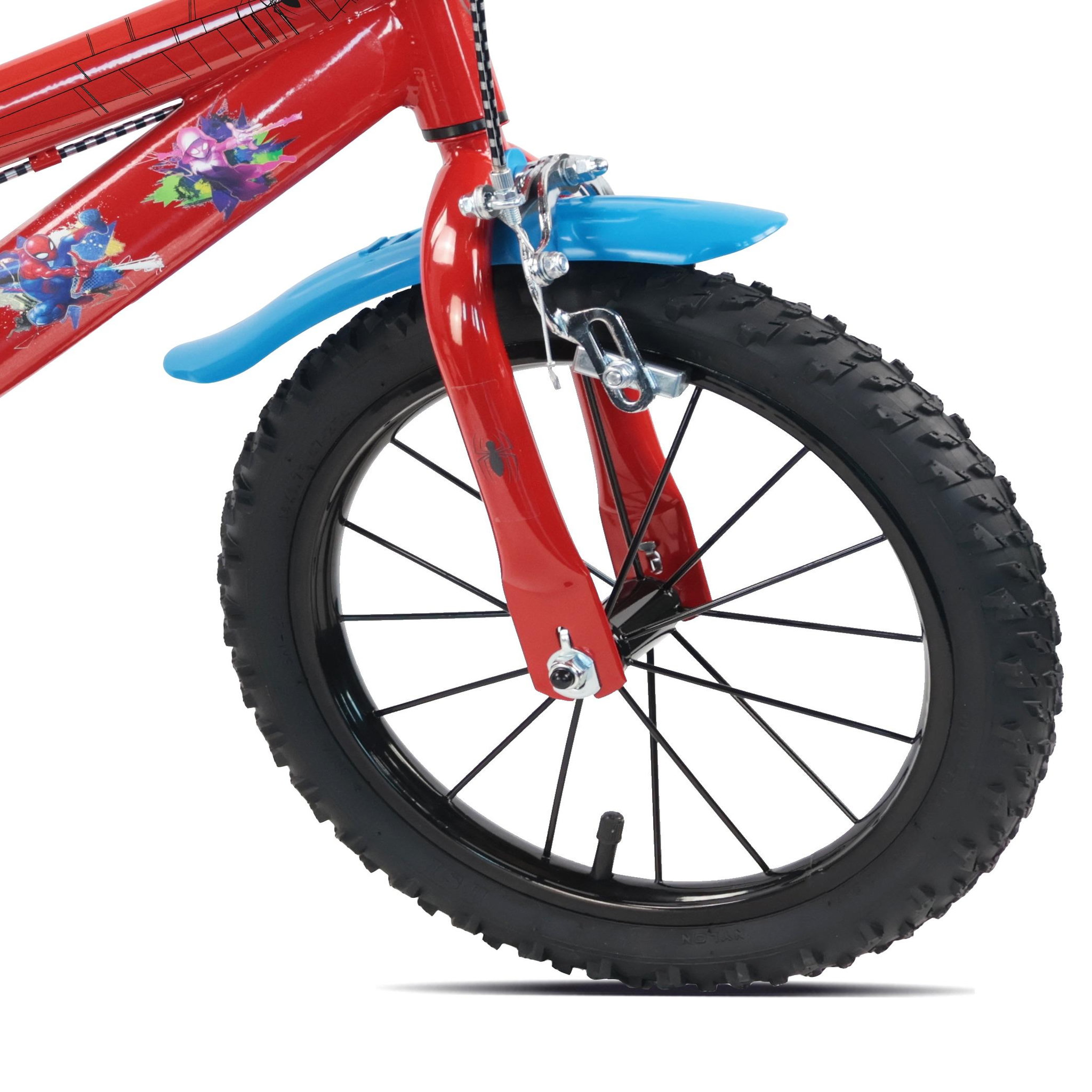 Voir la diapositive 3 : Spiderman Vélo enfant 14'' SPIDERMAN (90 à 105cm) avec 2 freins, plaque avant décorative , bidon arrière, stabilisateurs & pneus gonflables.