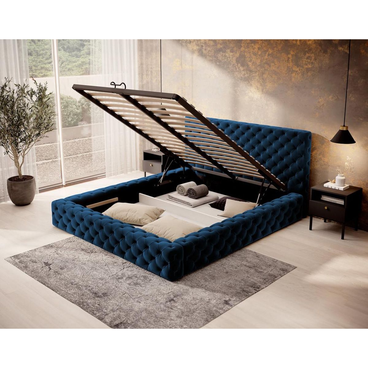 BEST MOBILIER Christiana - lit coffre - 160x200 - sommier inclus - en velours