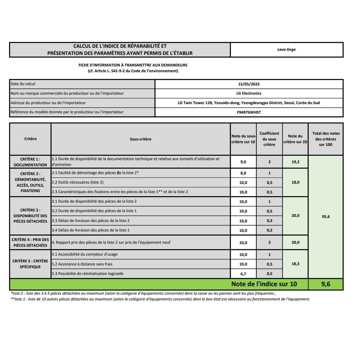LG Lave-linge hublot 9kg 1400 tours/min blanc - F94R76WHST
