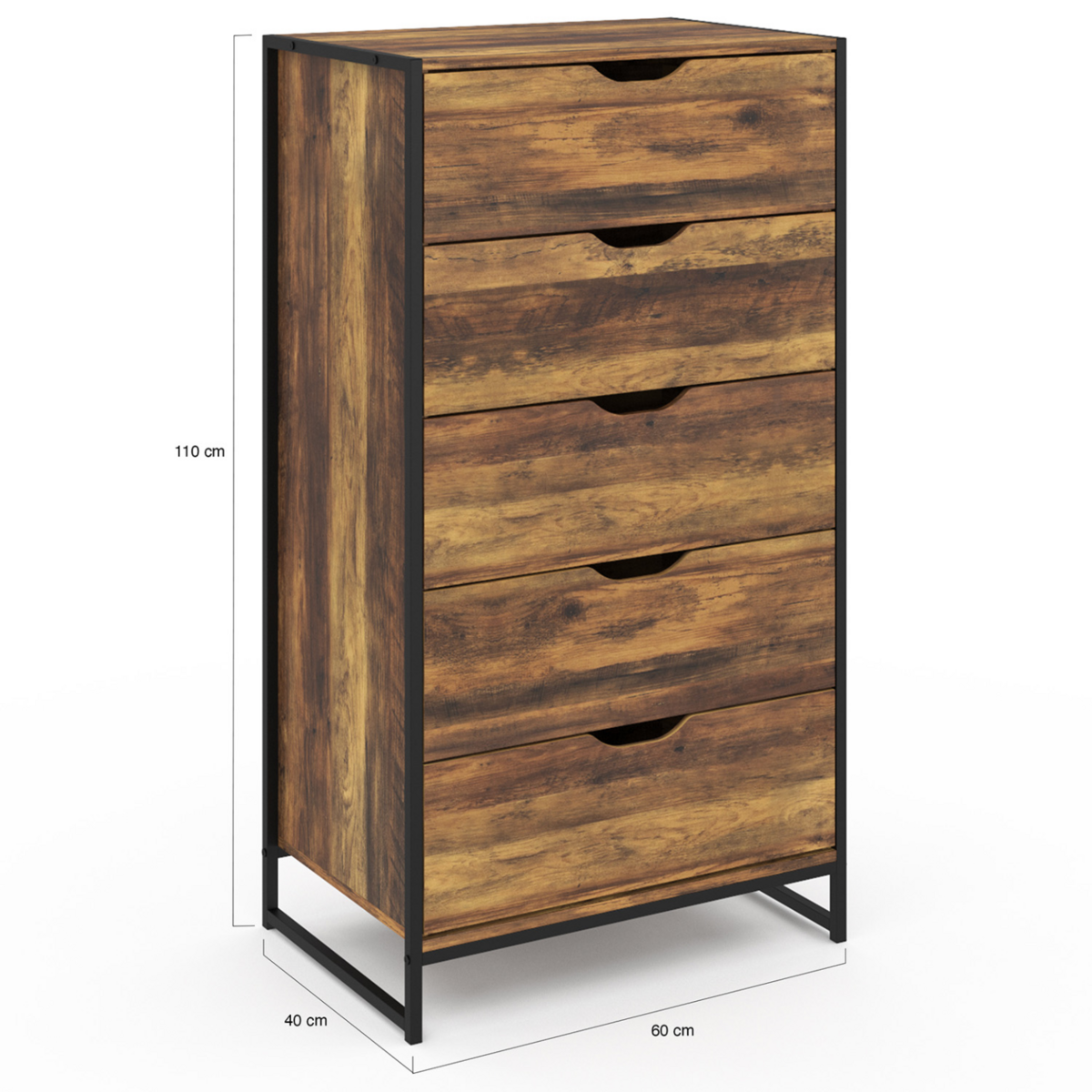 ID MARKET Chiffonnier 5 tiroirs HAWKINS 60 cm commode semainier bois foncé design industriel