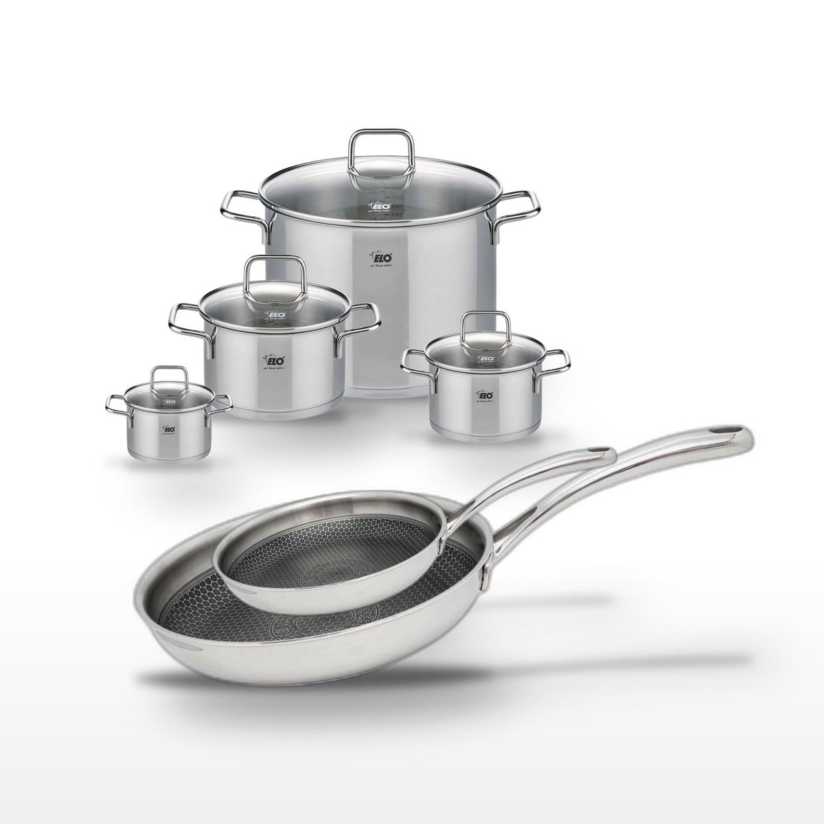 ELO Lot Poêles 24/28 cm & Faitouts 12/16/20/26 cm Elo Relief Evolution