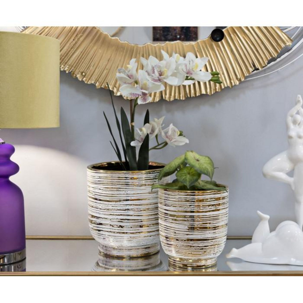 Paris Prix Lot de 2 Vases en Céramique  Melody  24cm Or & Blanc