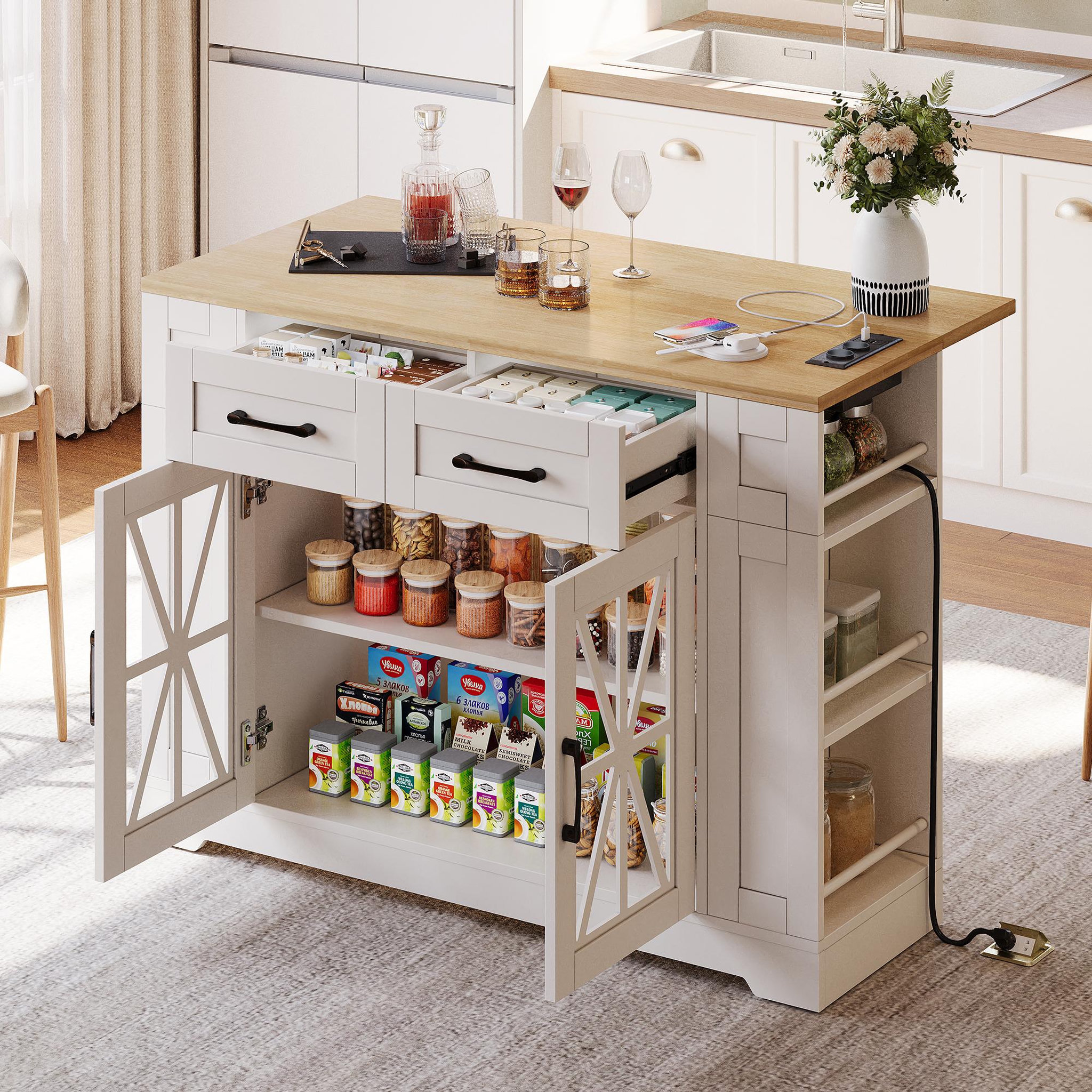 Voir la diapositive 2 : MERAX Ilot de cuisine 2 portes 2 tiroirs coloris blanc mdf