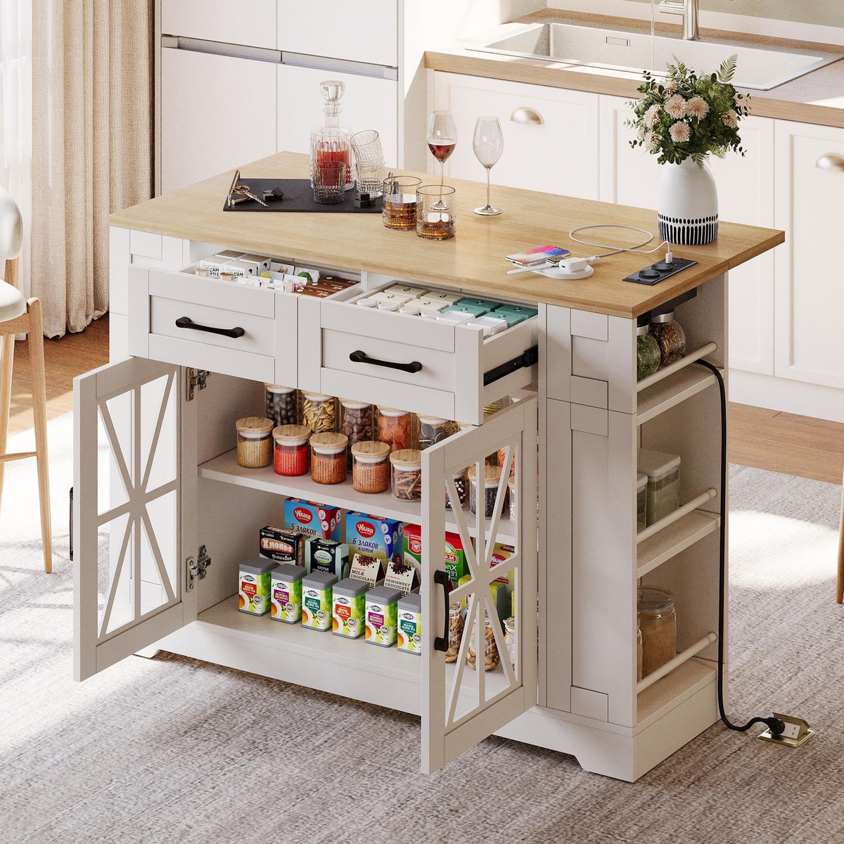 MERAX Ilot de cuisine 2 portes 2 tiroirs coloris blanc mdf