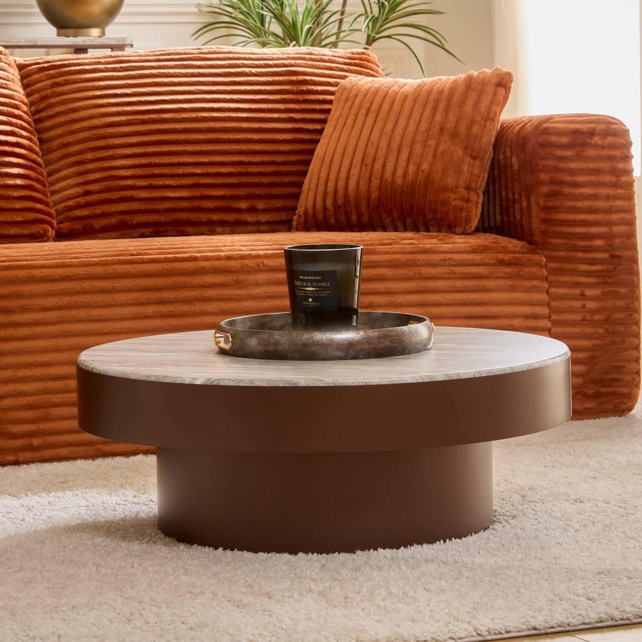 Voir la diapositive 5 : ATMOSPHERA Table Basse Effet Marbre  Barrel  80cm Chocolat