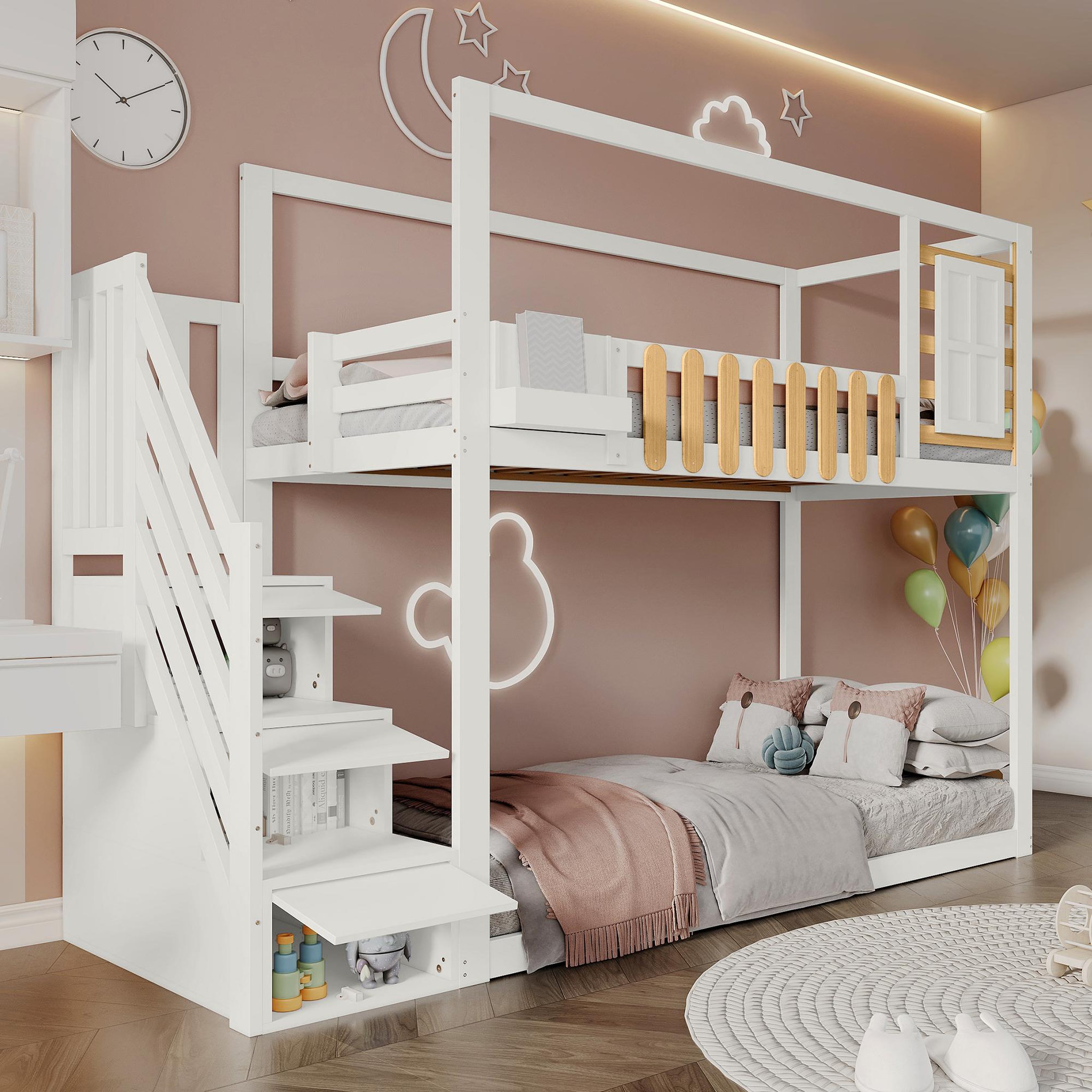 Voir la diapositive 4 : MERAX Lit superposé 90x200cm coloris blanc+naturel pin et mdf