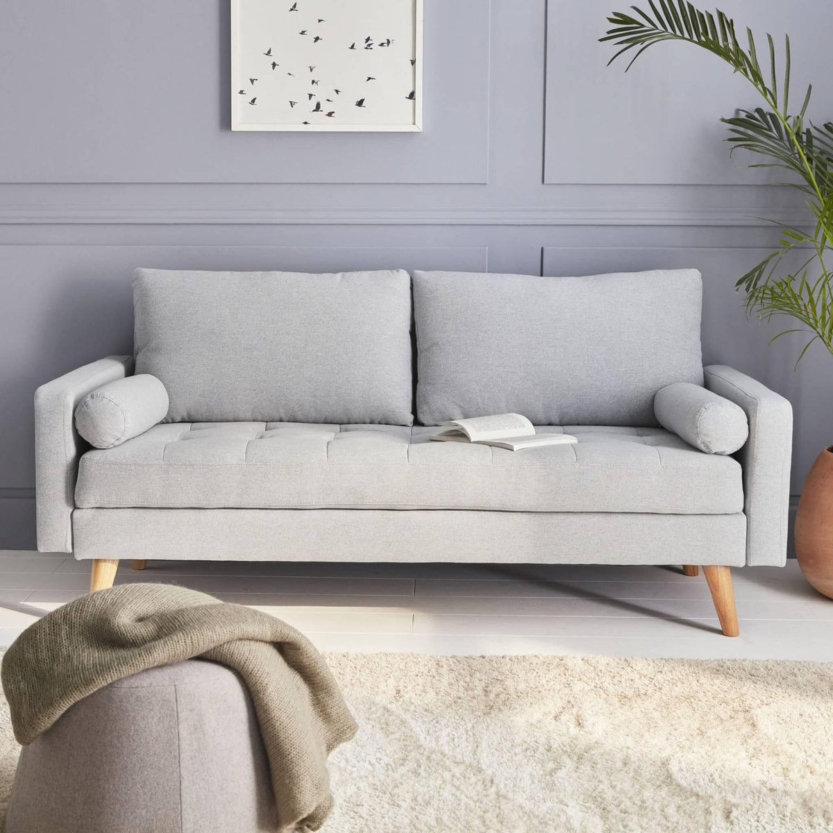 SWEEEK Canapé en tissu gris clair. 3 places scandinave fixe. droit. pieds bois