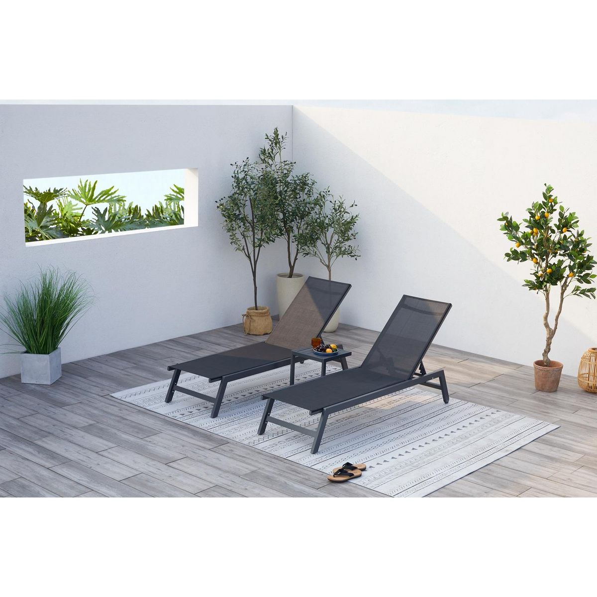 CONCEPT USINE Lot de 2 transats et une table d'appoint noir PRATO