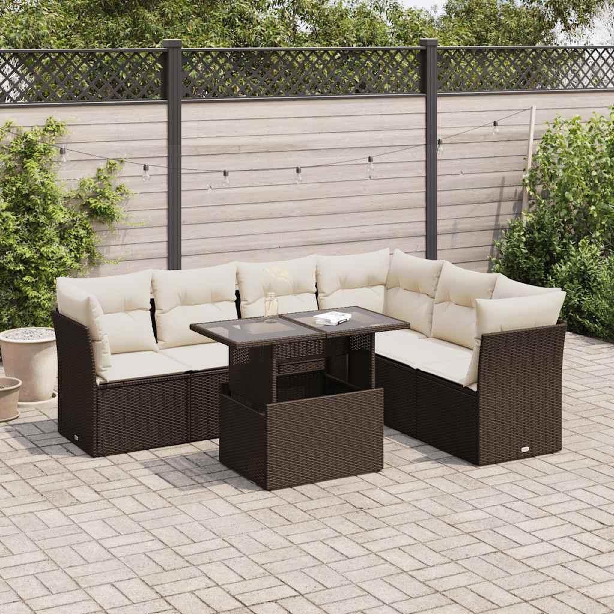 VIDAXL Salon de jardin avec coussins 7 pcs marron resine tressee