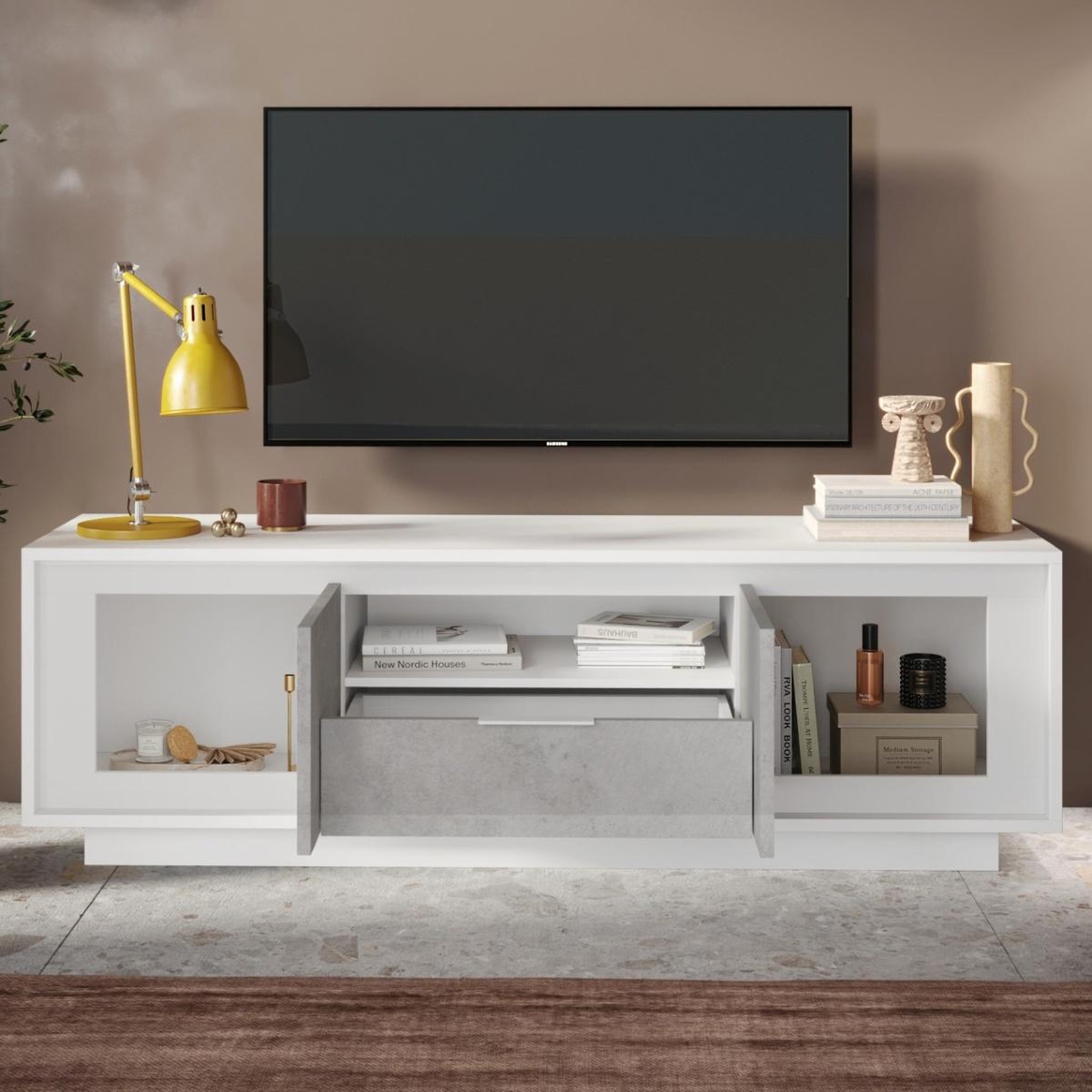 Voir la diapositive 4 : JLC KREATION Banc tv moderne 180cm blanc et gris béton yori