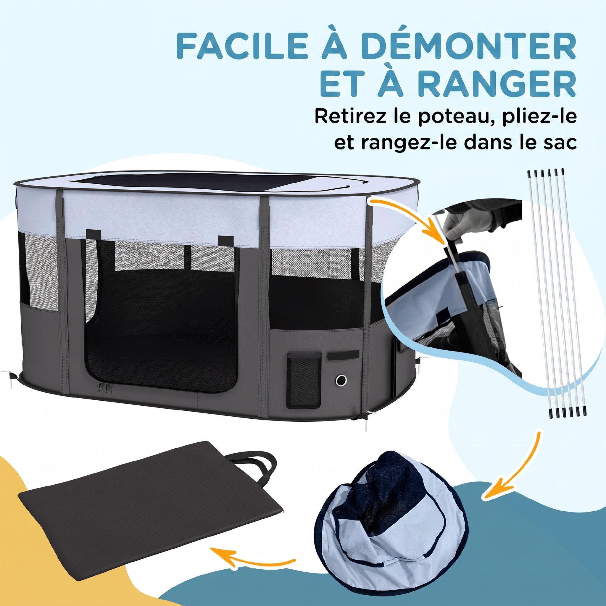 Voir la diapositive 6 : PAWHUT Parc pliable pour chien en tissu Oxford - fenêtres, portes en maille - sac de rangement - gris