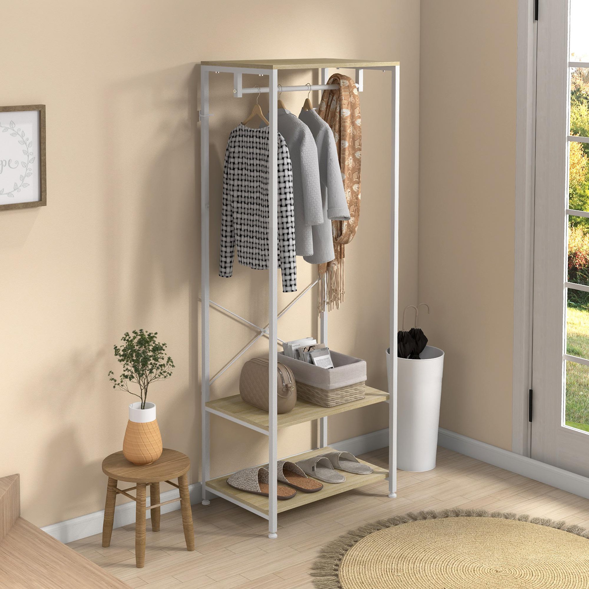 Voir la diapositive 2 : HOMCOM Penderie vestiaire d'entrée 2 étagères tringle acier blanc panneaux aspect bois clair