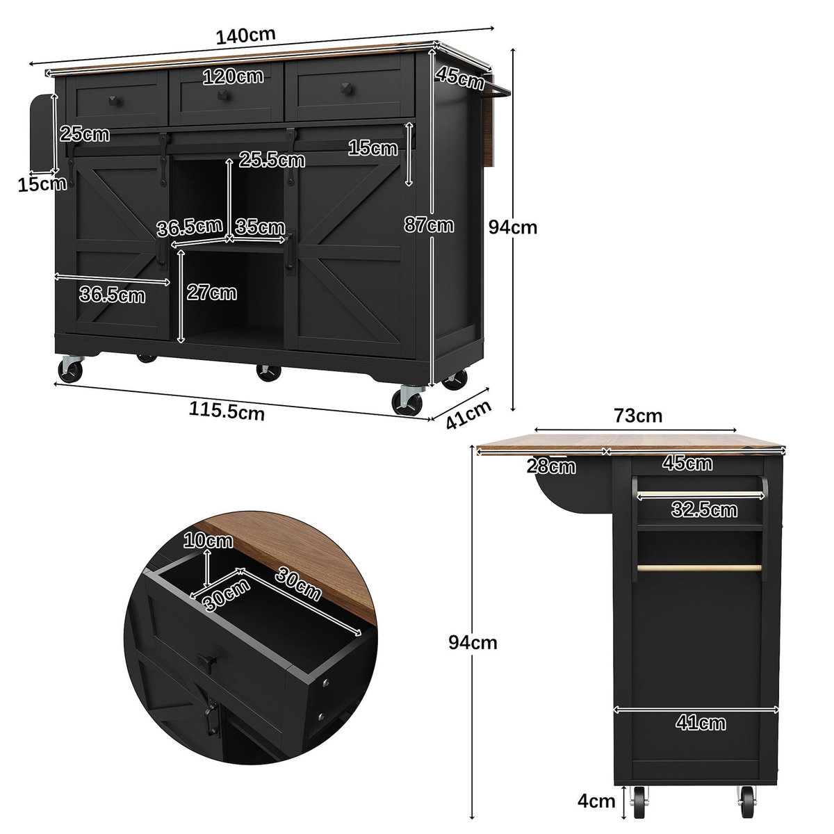 MERAX Desserte 2 portes 3 tiroirs coloris noir mdf