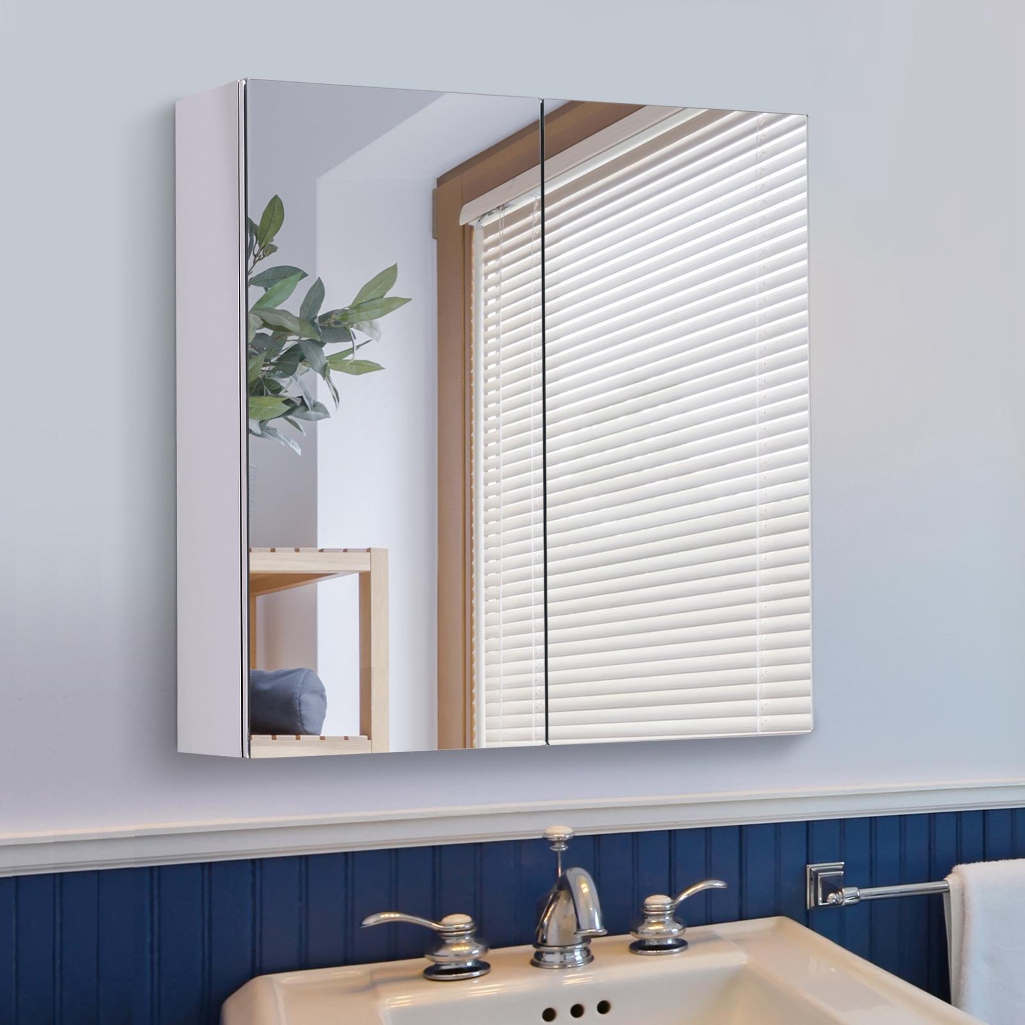 Voir la diapositive 5 : HOMCOM Armoire miroir rangement toilette salle de bain meuble mural dim. 60L x 12l x 55H cm acier inox.