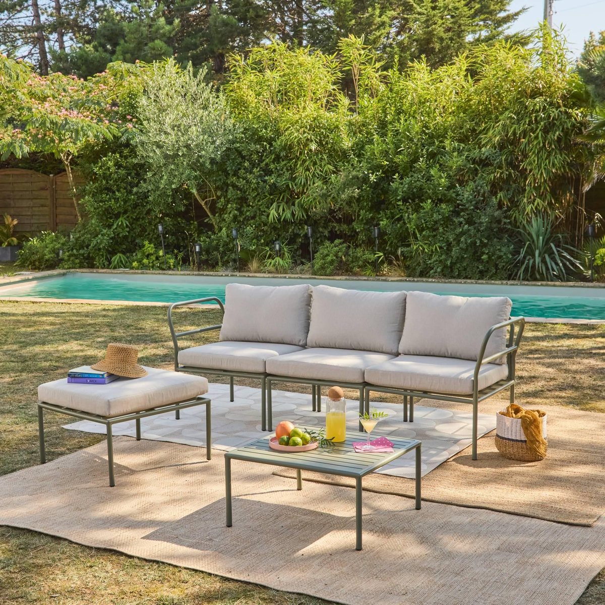 SWEEEK Salon de jardin modulable aluminium kaki et tissu beige 4 places - Arcadia