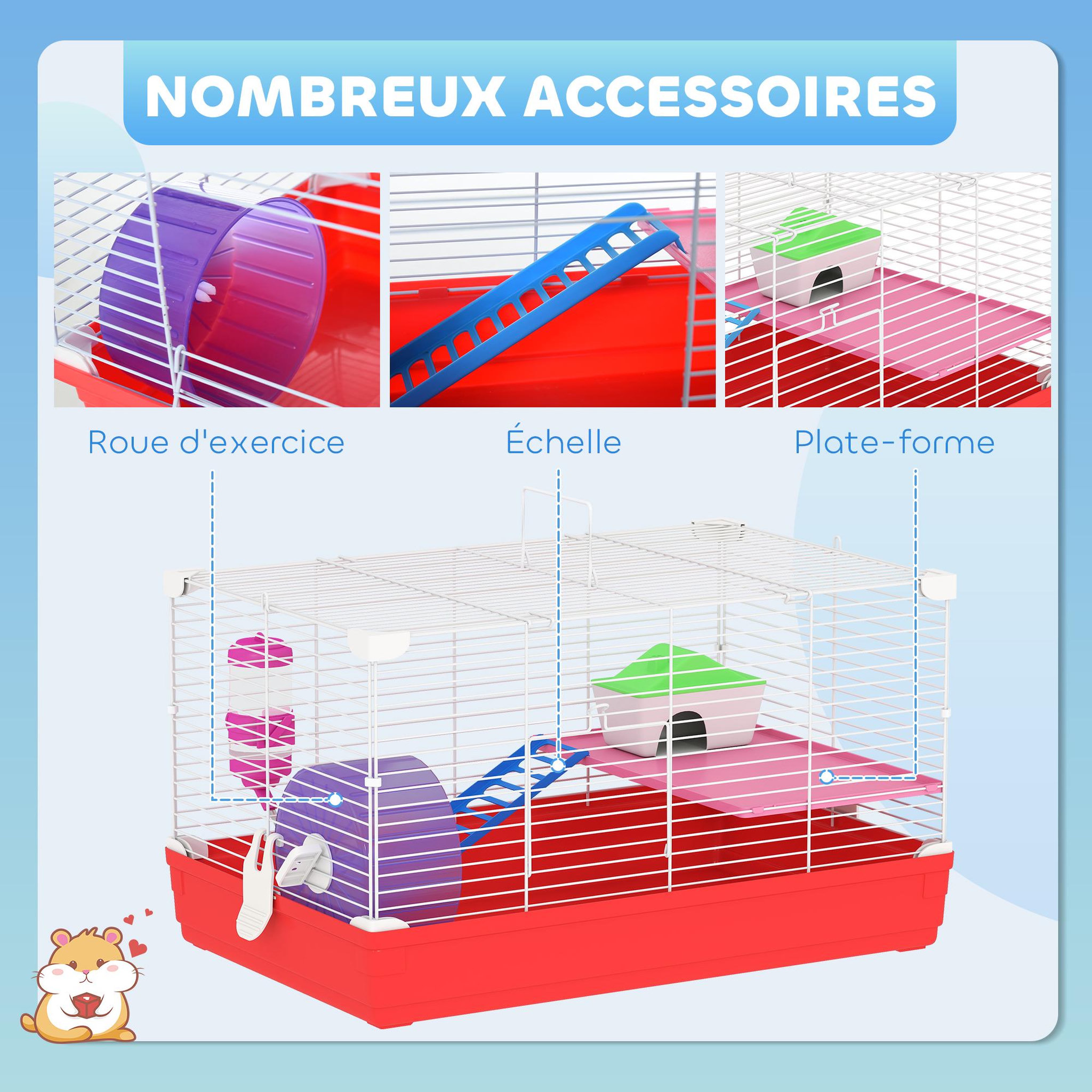 Voir la diapositive 5 : PAWHUT Cage rongeur hamster 2 niveaux cabane roue échelle biberon mangeoire 47 x 30 x 27 cm blanc rouge