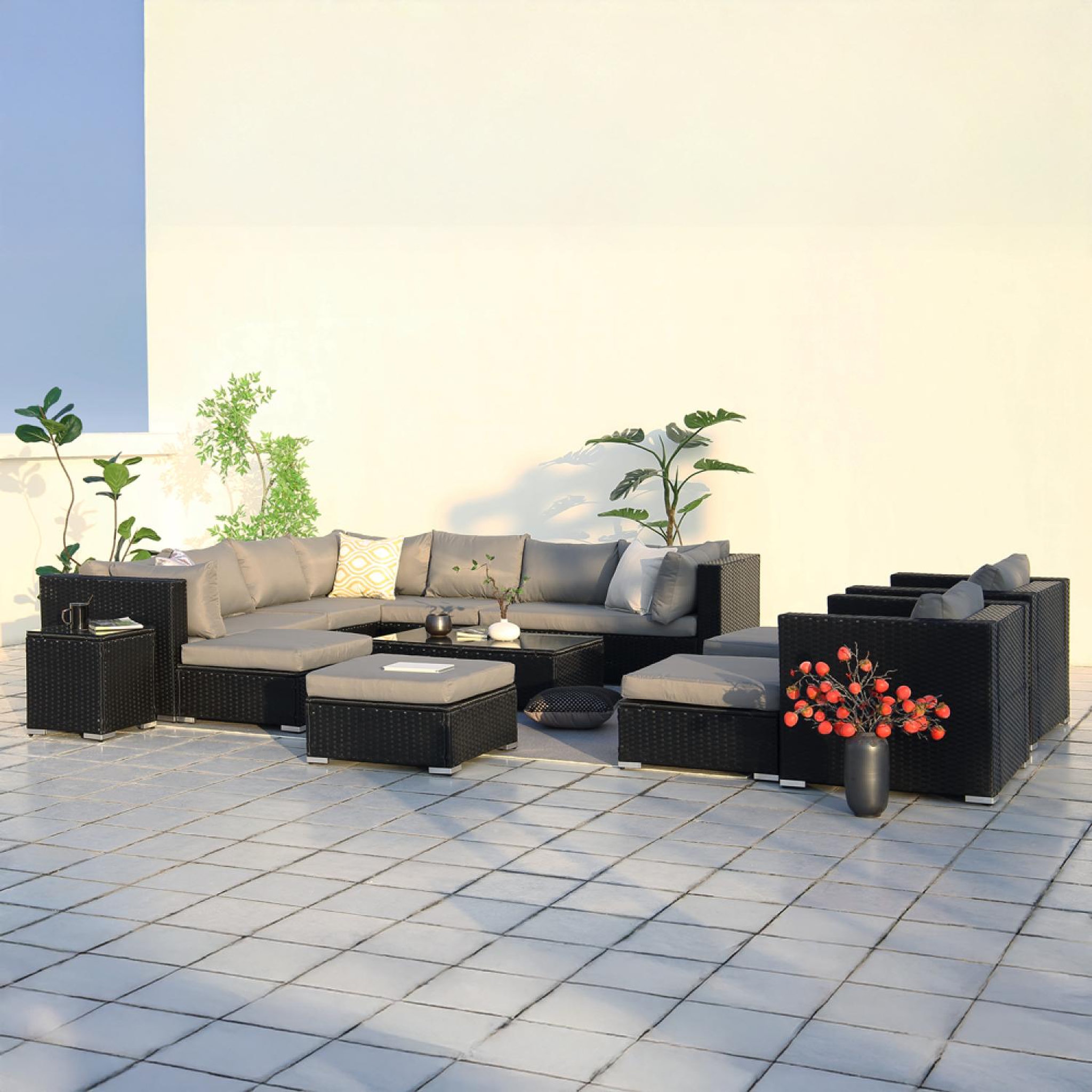 Voir la diapositive 5 : CONCEPT USINE Salon de jardin modulable 13-14 places en résine tressée noir et gris stalla