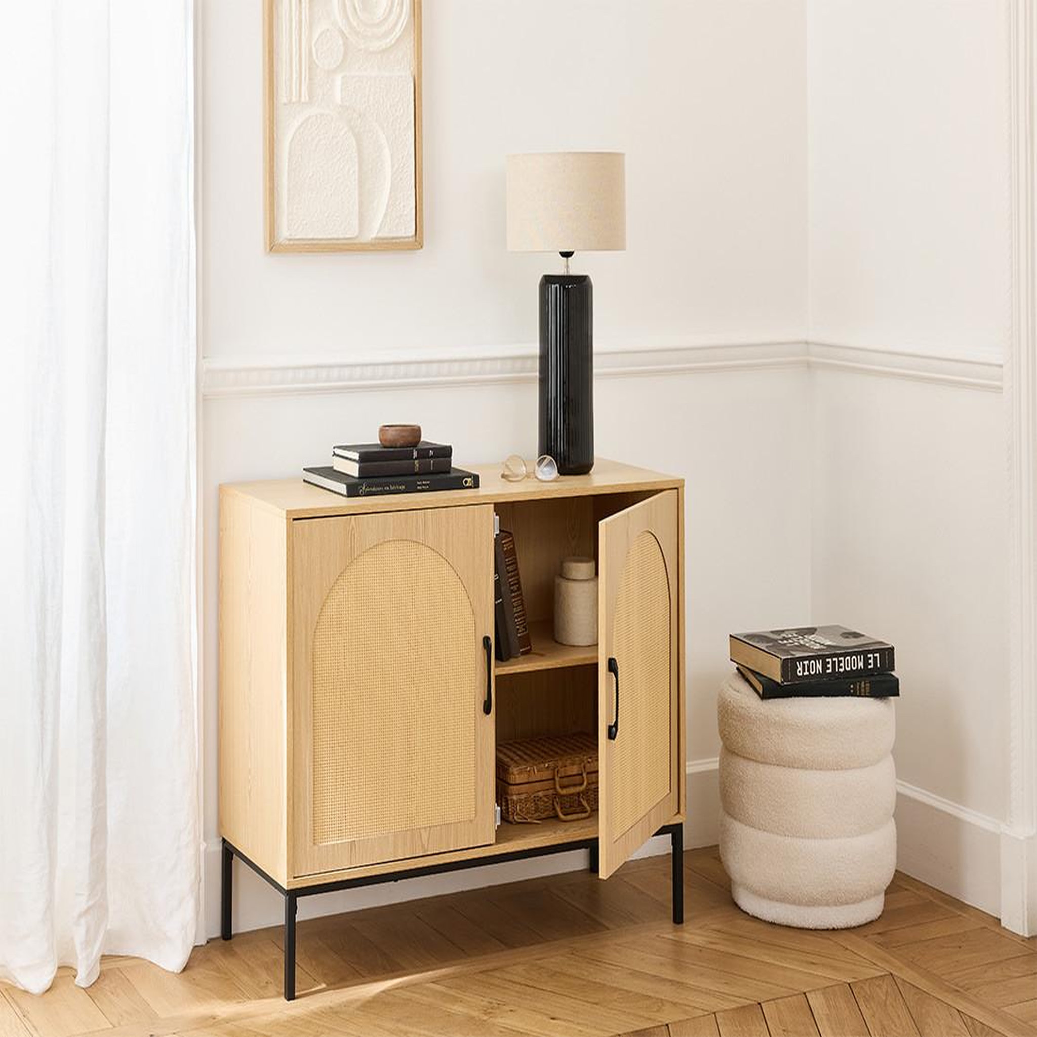 Voir la diapositive 2 : BEST MOBILIER Nagato - buffet bas - cannage et effet bois - 2 portes - 100 cm