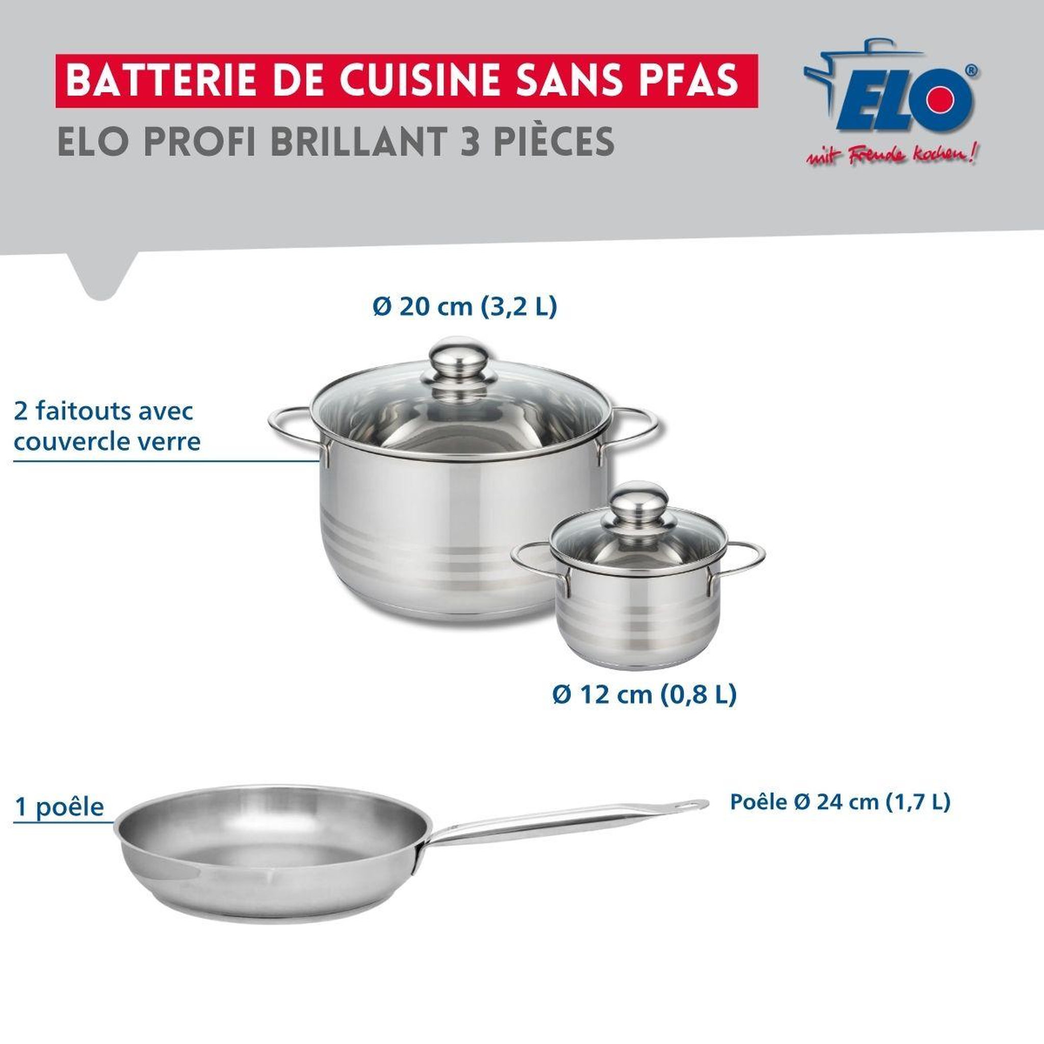 Voir la diapositive 2 : ELO Ensemble de 1 poêle de cuisson 24 cm et 2 faitouts 12 et 20 cm elo profi brillant