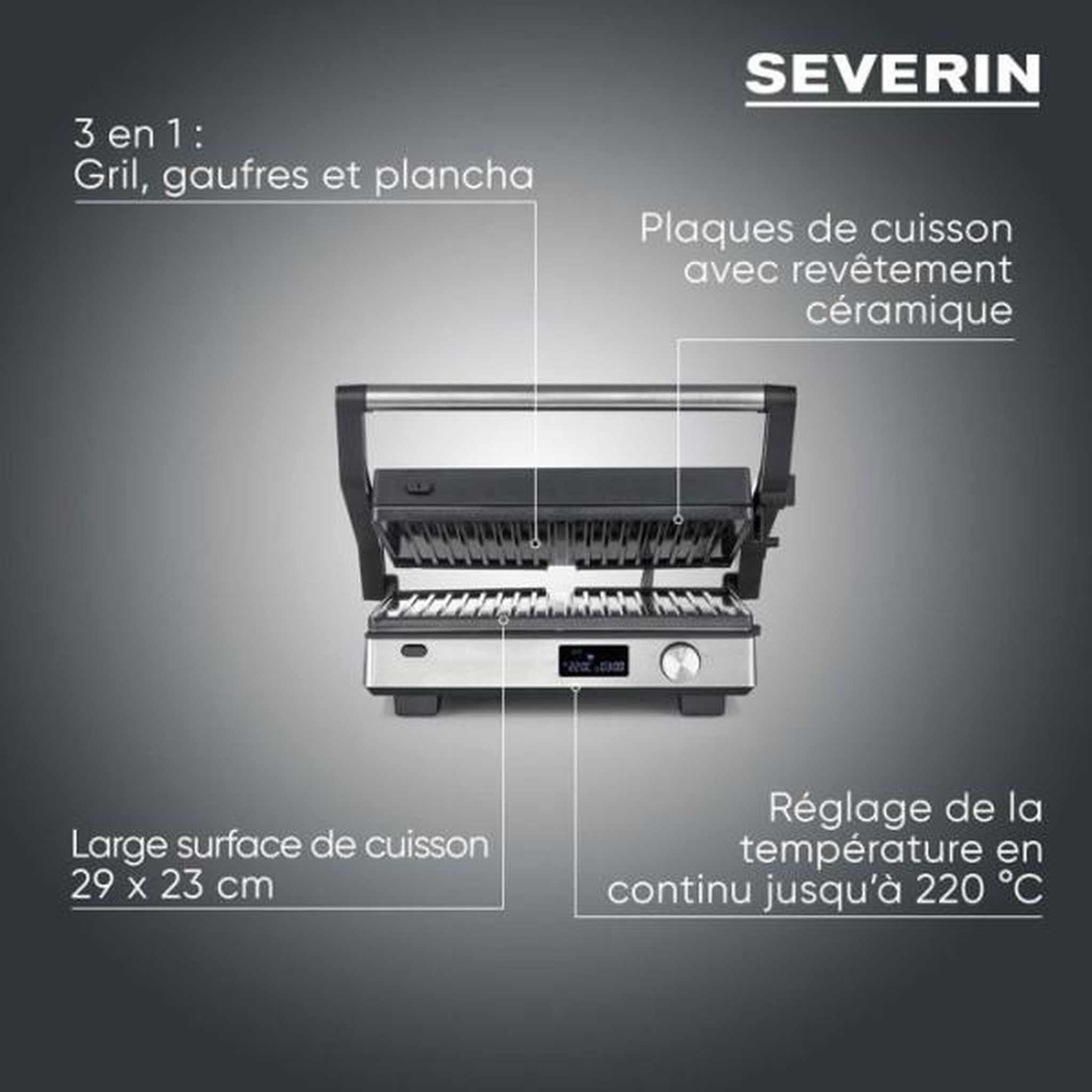 Voir la diapositive 2 : SEVERIN Gril viande 3en1 2000w noir/inox - KG2380