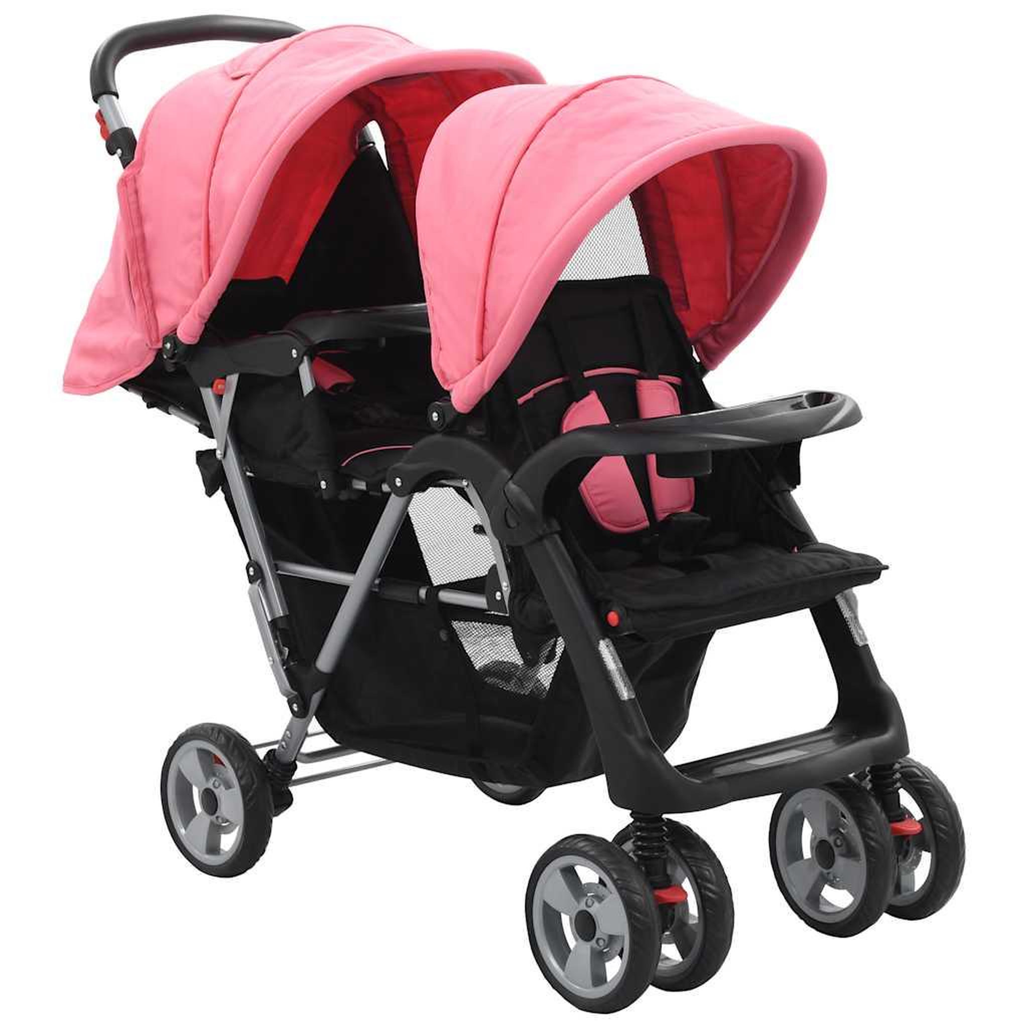 VIDAXL Poussette a deux places rose et noir acier