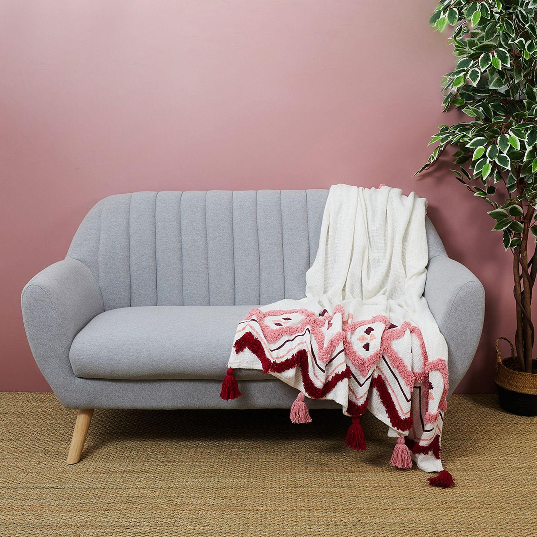 Voir la diapositive 2 : TOILINUX Jeté de canapé ethnique avec pompons - 130 x 170 cm - blanc et rose