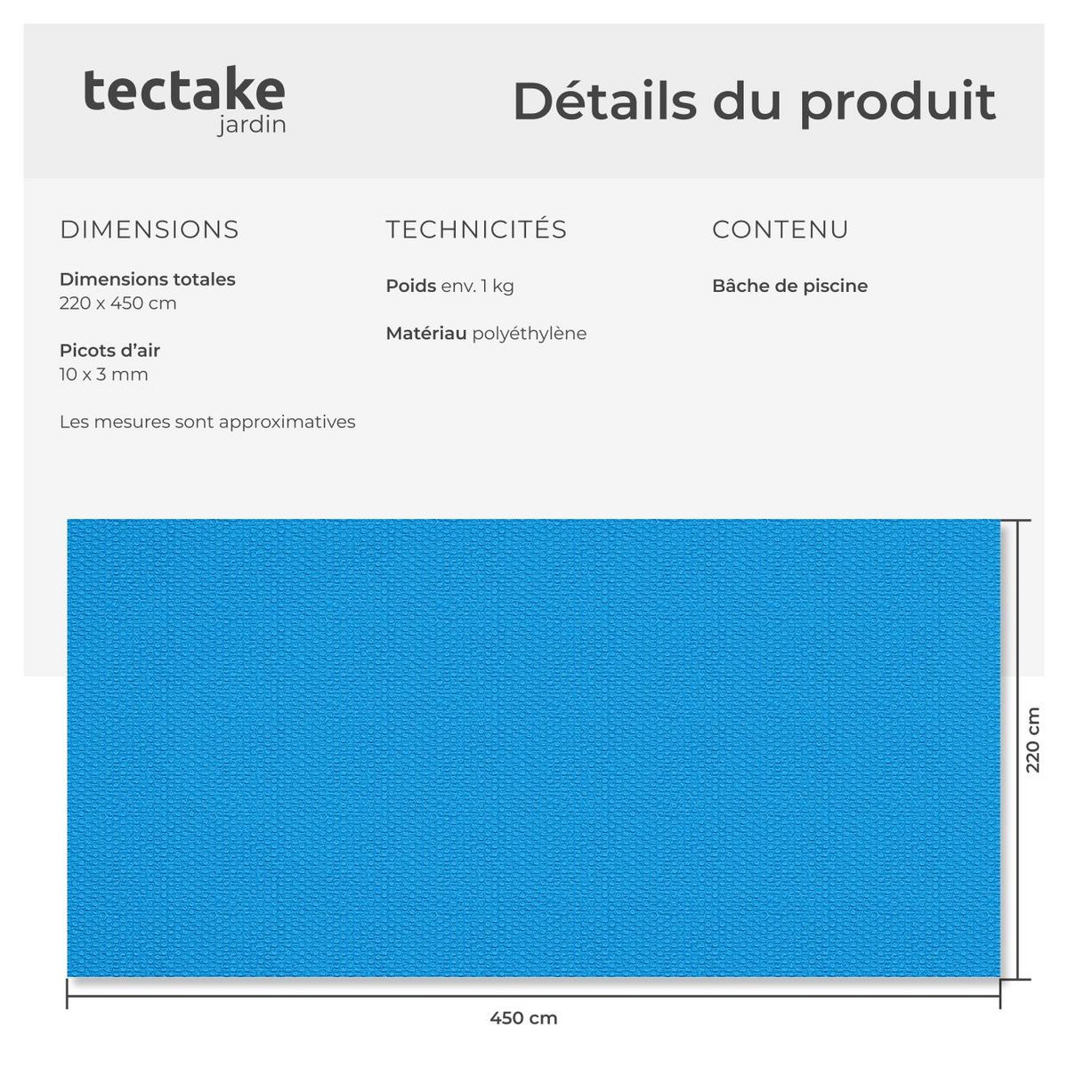 tectake Bâche de piscine Rectangulaire et Auto-flottant bleu