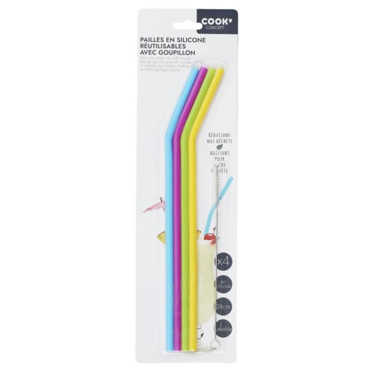 Paris Prix Lot de 4 Pailles & Goupillon  Silicone  28cm Multicolore