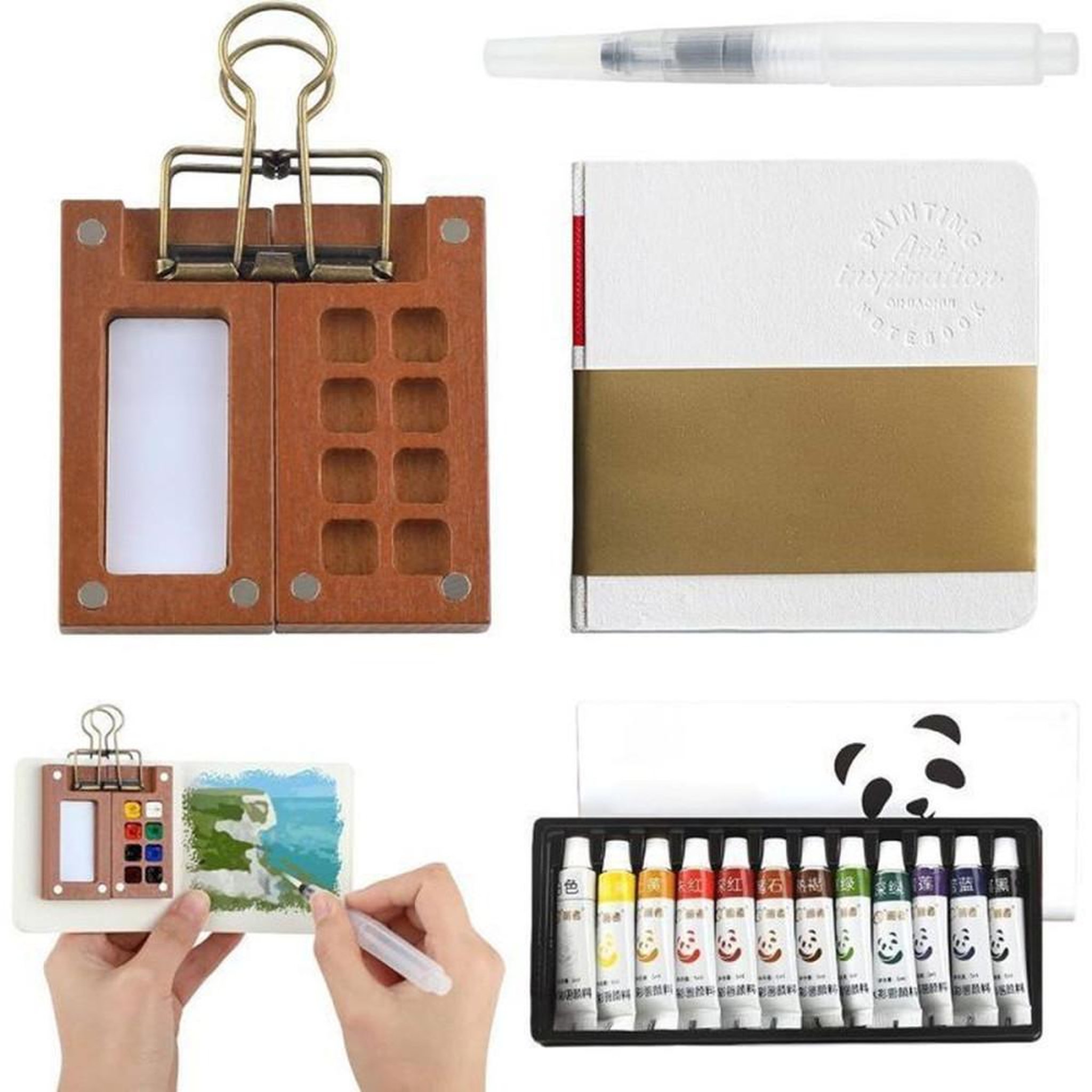 Kit palette portable aquarelle gouache 8 couleurs en bois de noyer avec pinceau à réservoir rechargeable et carnet de croquis 300 g/m²