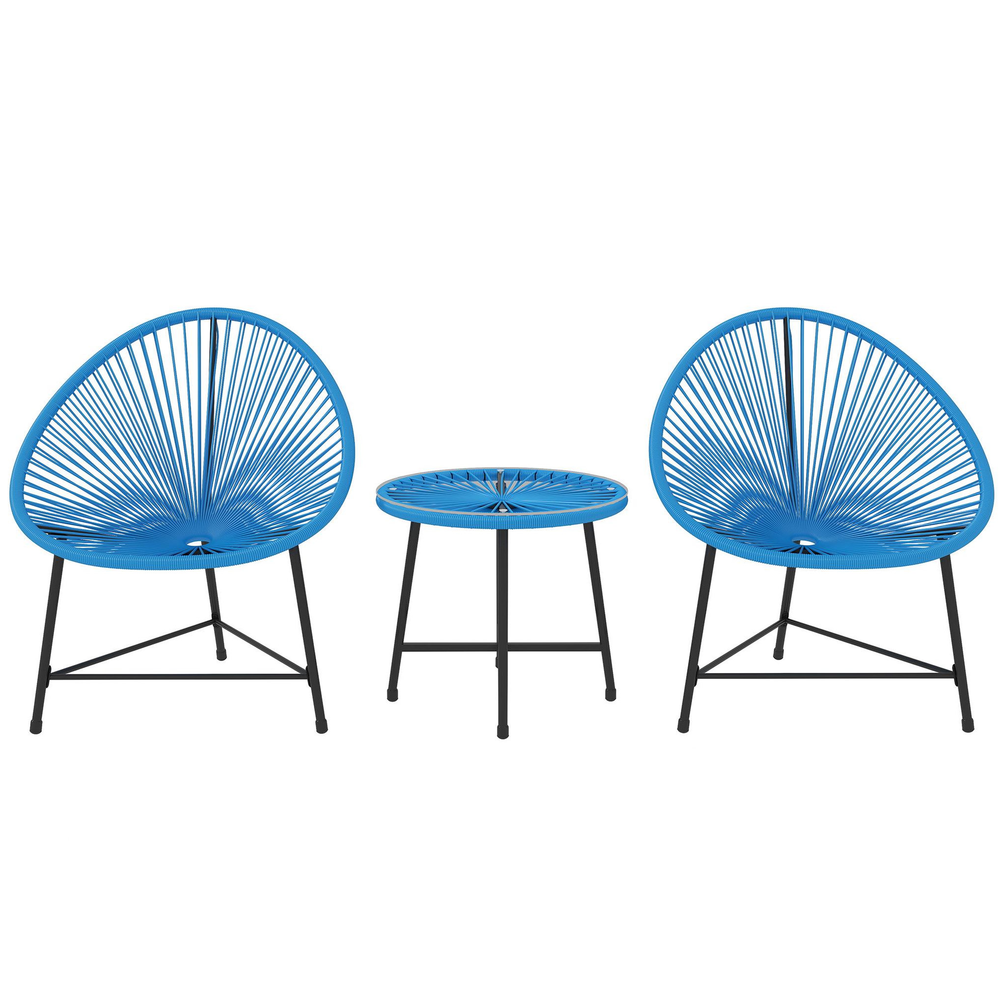 OUTSUNNY Salon de jardin 3 pcs 2 places design acapulco plateau verre trempé acier noir résine filaire bleu