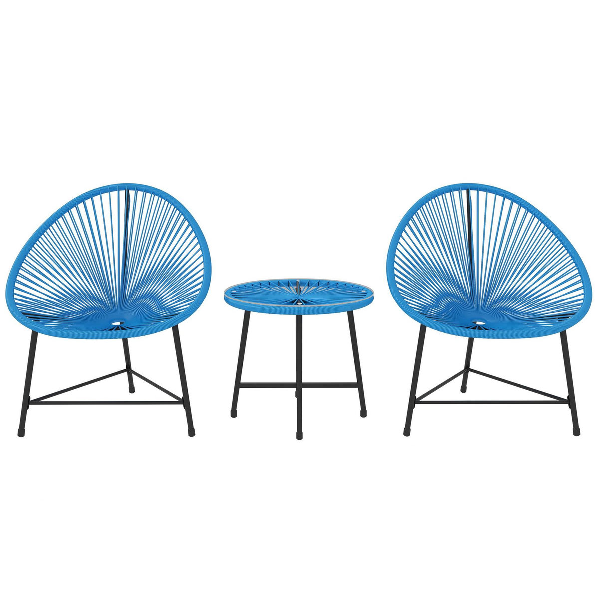OUTSUNNY Salon de jardin 3 pcs 2 places design Acapulco plateau verre trempé acier noir résine filaire bleu