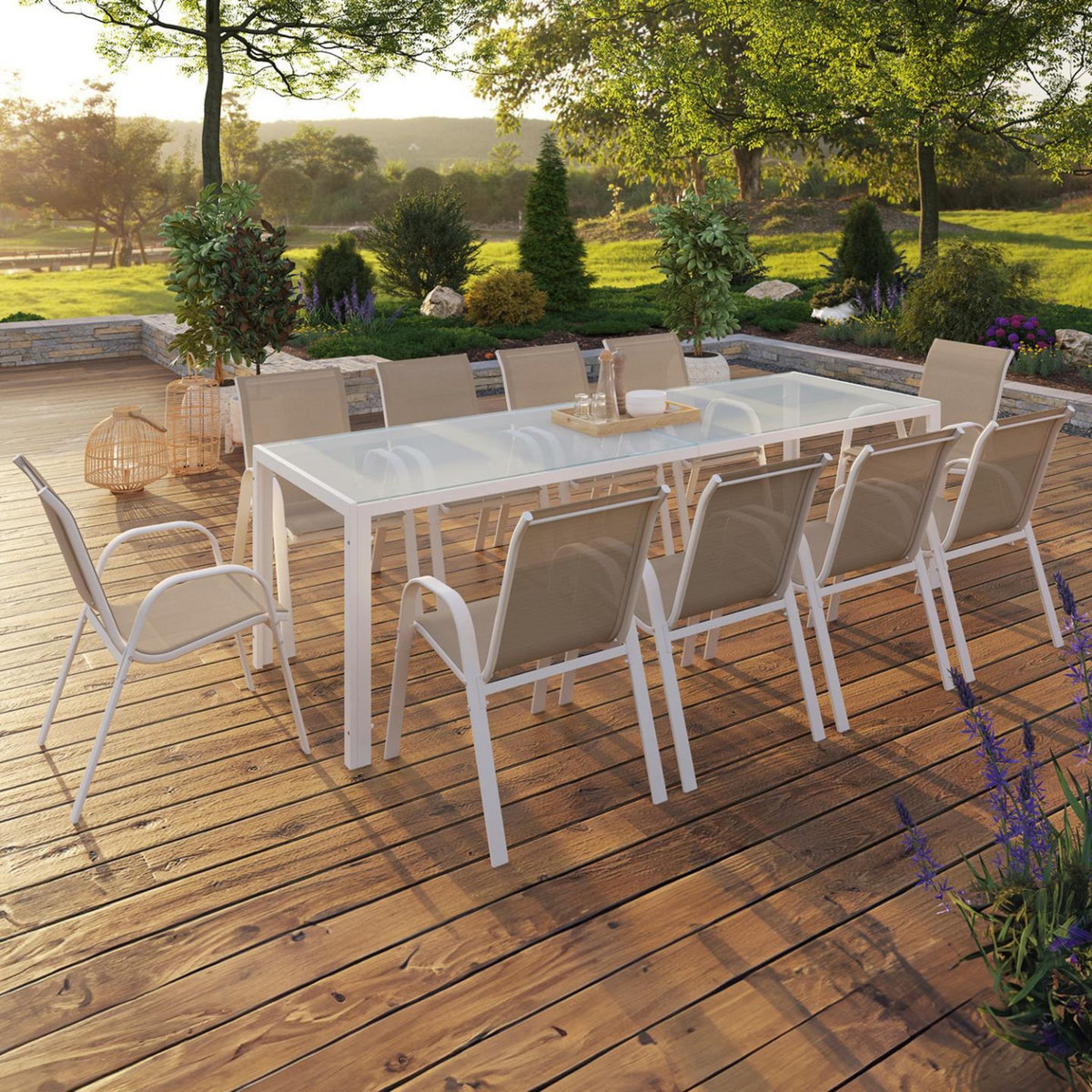 ID MARKET Salon de jardin MADRID table 240 CM et 10 chaises empilables blanc et beige