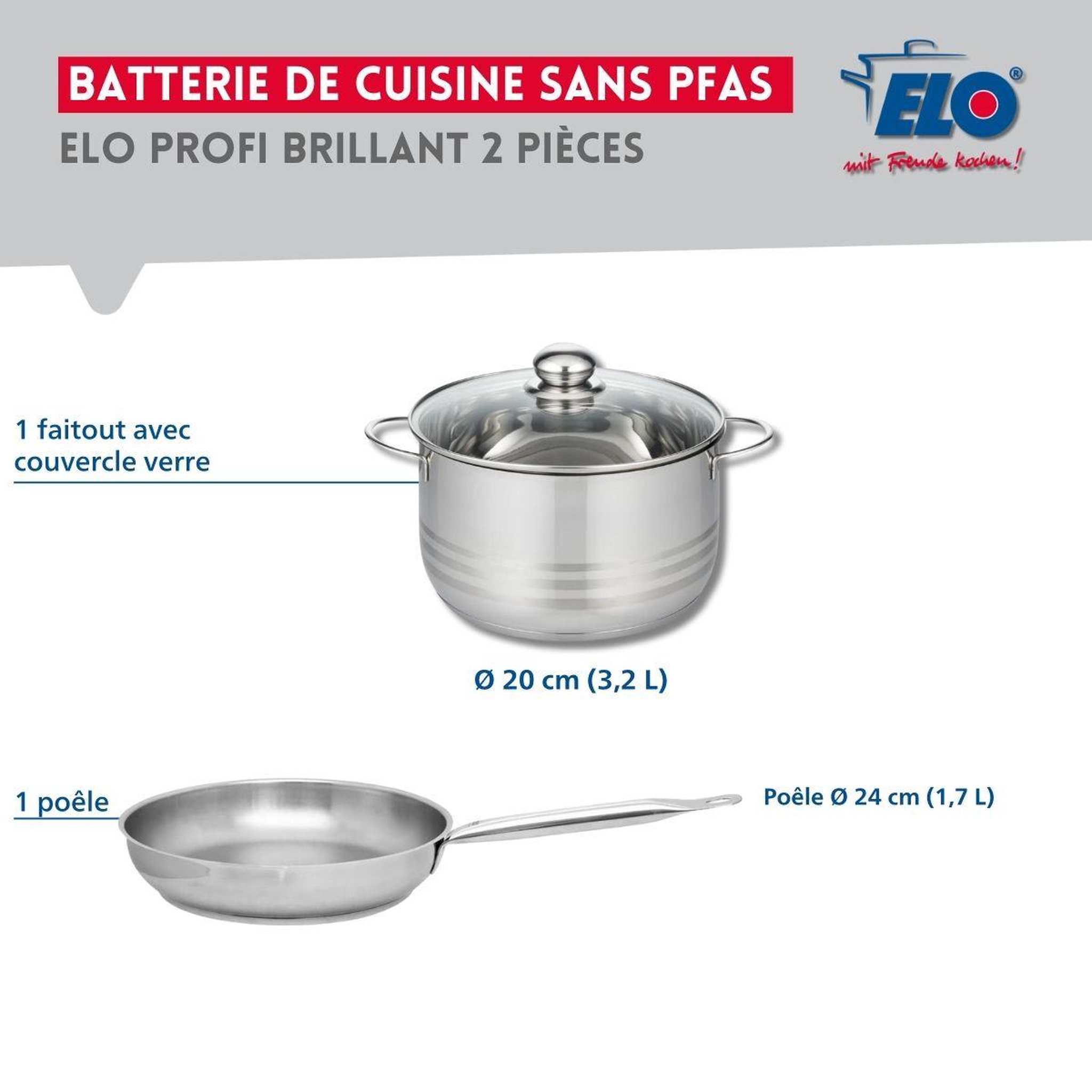 Voir la diapositive 2 : ELO Ensemble de 1 poêle de cuisson 24 cm et 1 faitout 20 cm elo profi brillant