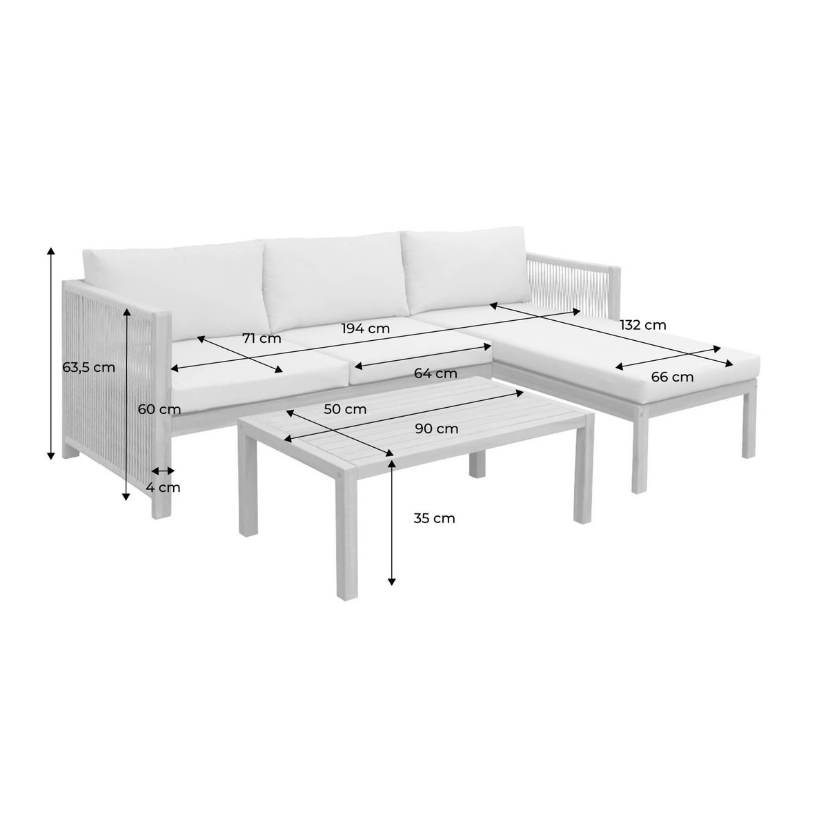 SWEEEK Salon de jardin d'angle bois d'acacia. corde et polyester 3 places table rectangulaire naturel et beige