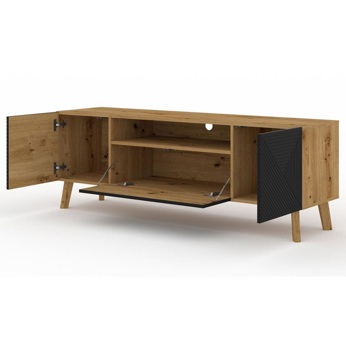 BEST MOBILIER Velato - meuble tv - effet bois et noir - 3 portes et 1 niche - 160 cm