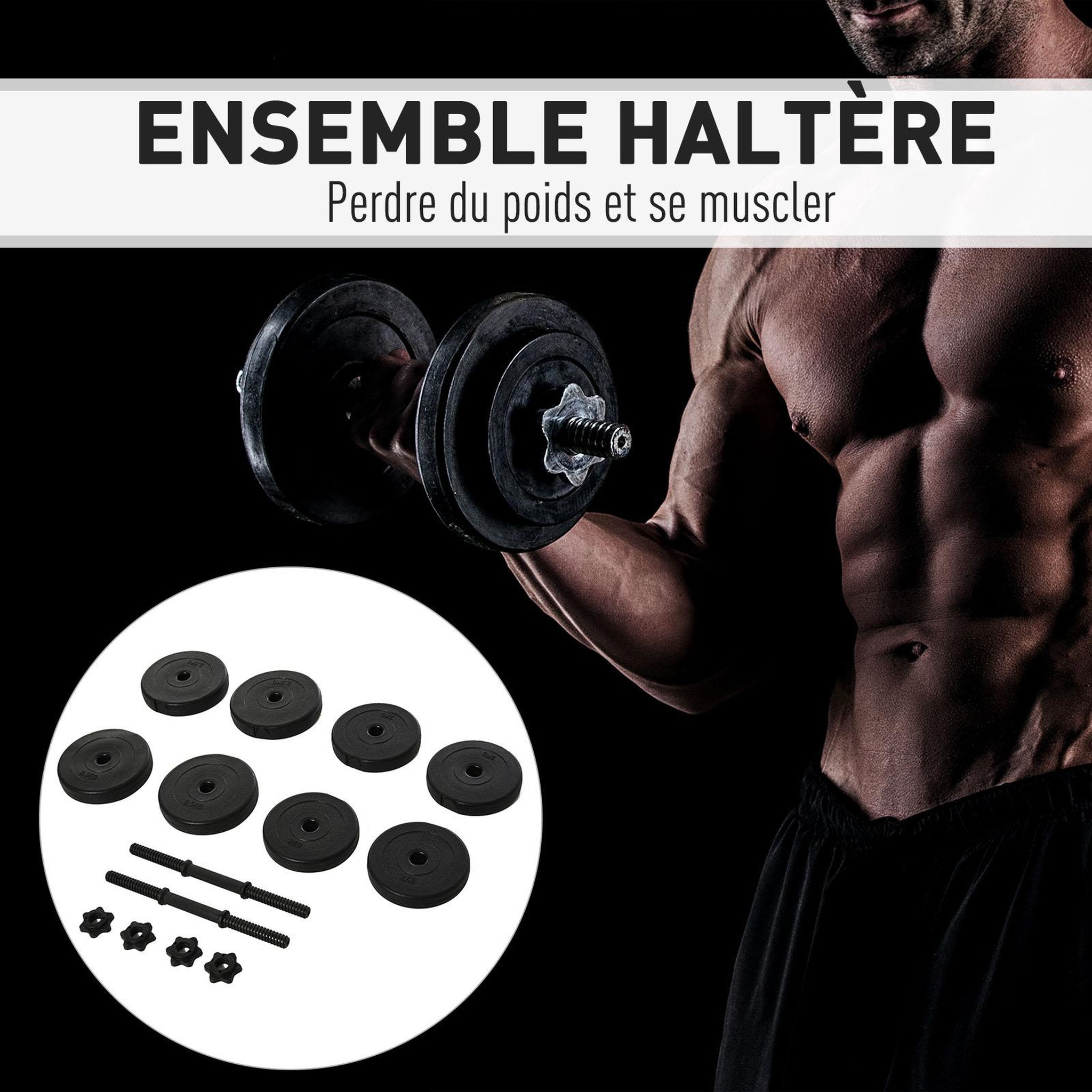 Voir la diapositive 5 : HOMCOM Ensemble d'haltères courtes total 20 kg - barres incluses - entraînement musculaire & haltérophilie - acier hdpe noir