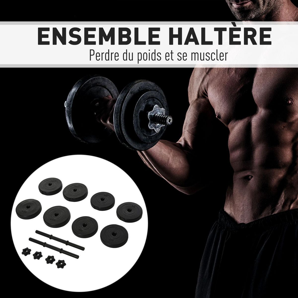 HOMCOM Ensemble d'haltères courtes total 20 Kg - barres incluses - entraînement musculaire & haltérophilie - acier HDPE noir